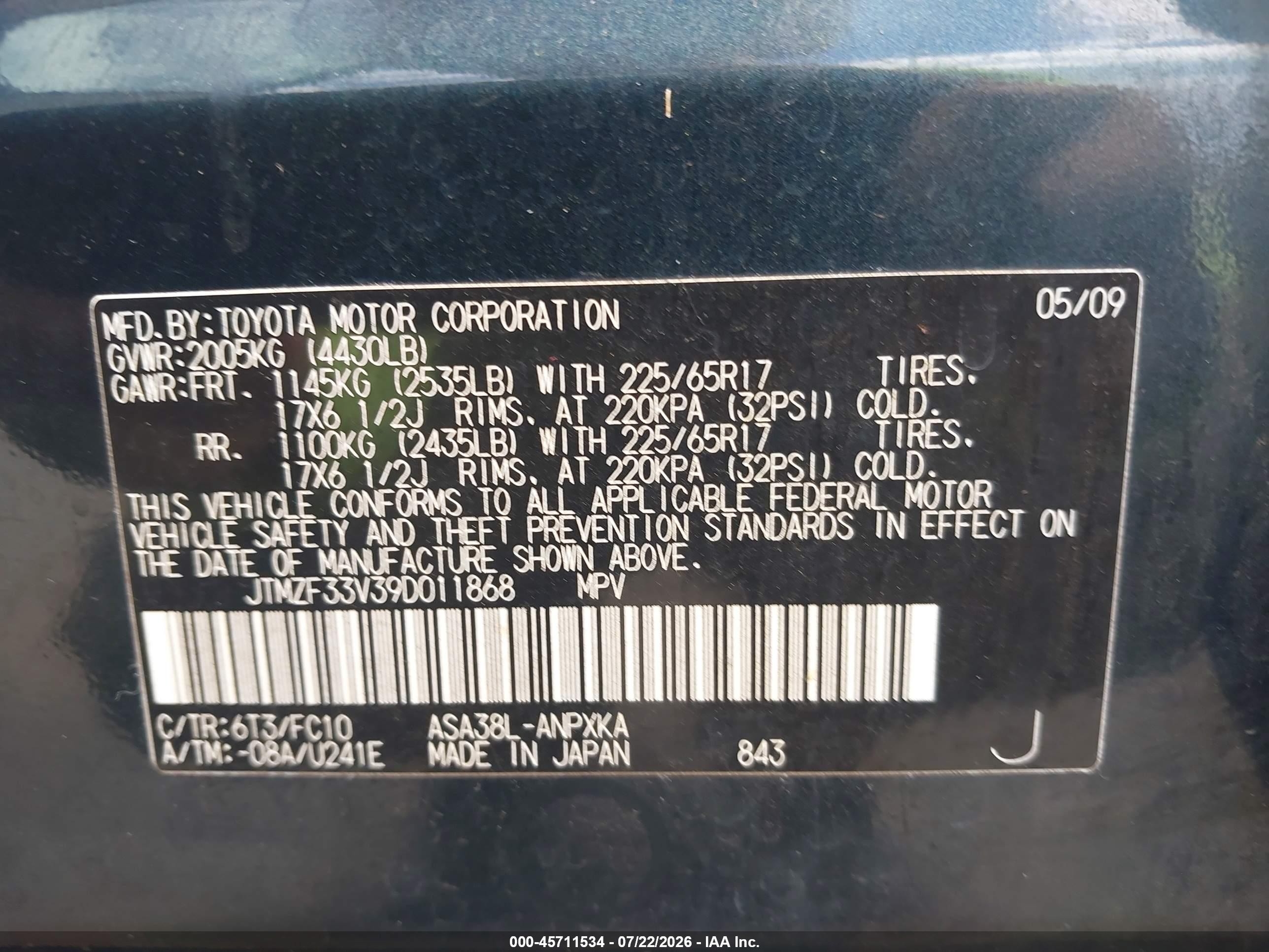 2009 Toyota Rav4   Dark Blue vin: JTMZF33V39D011868