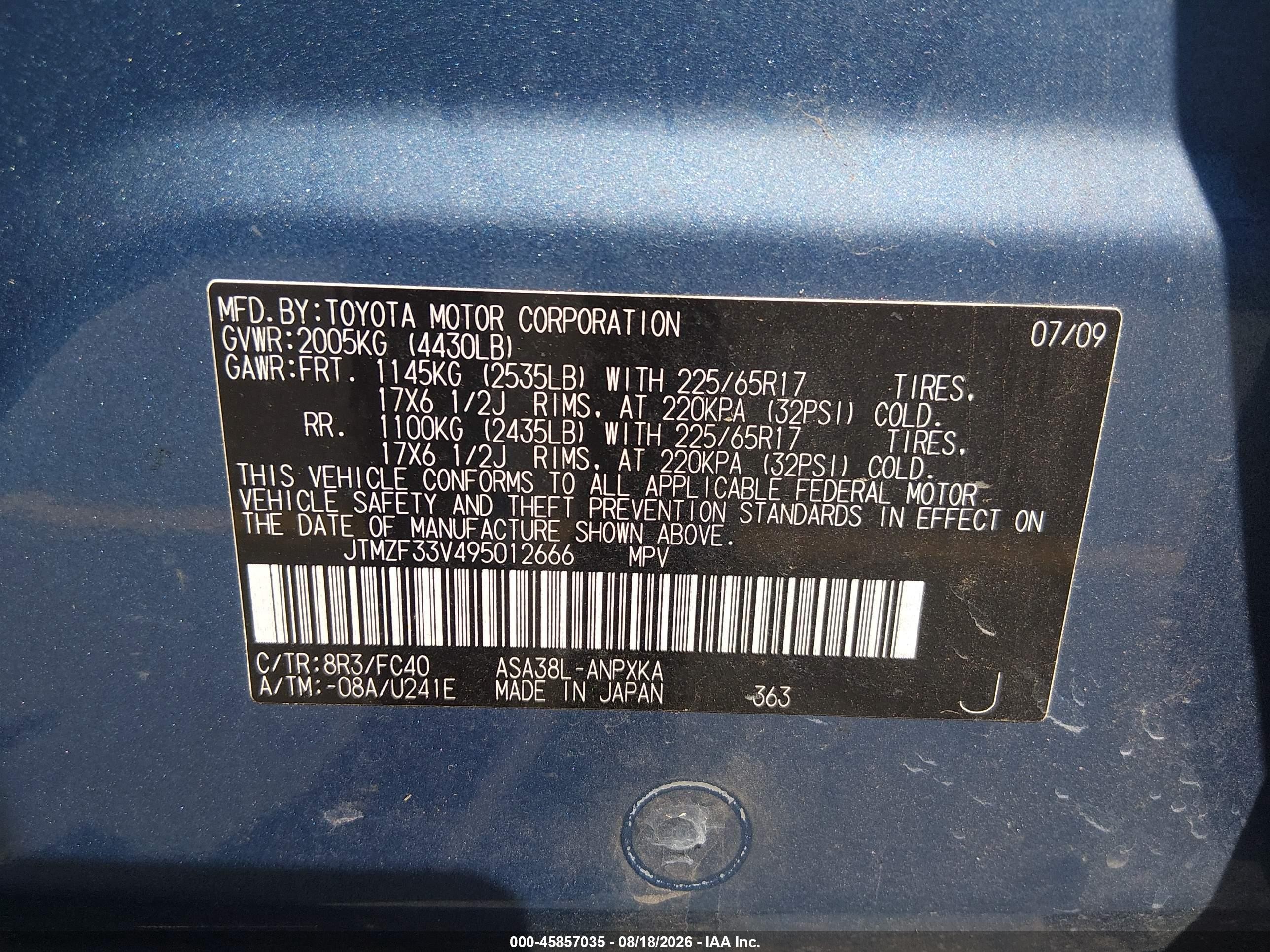 2009 Toyota Rav4   Blue vin: JTMZF33V495012666