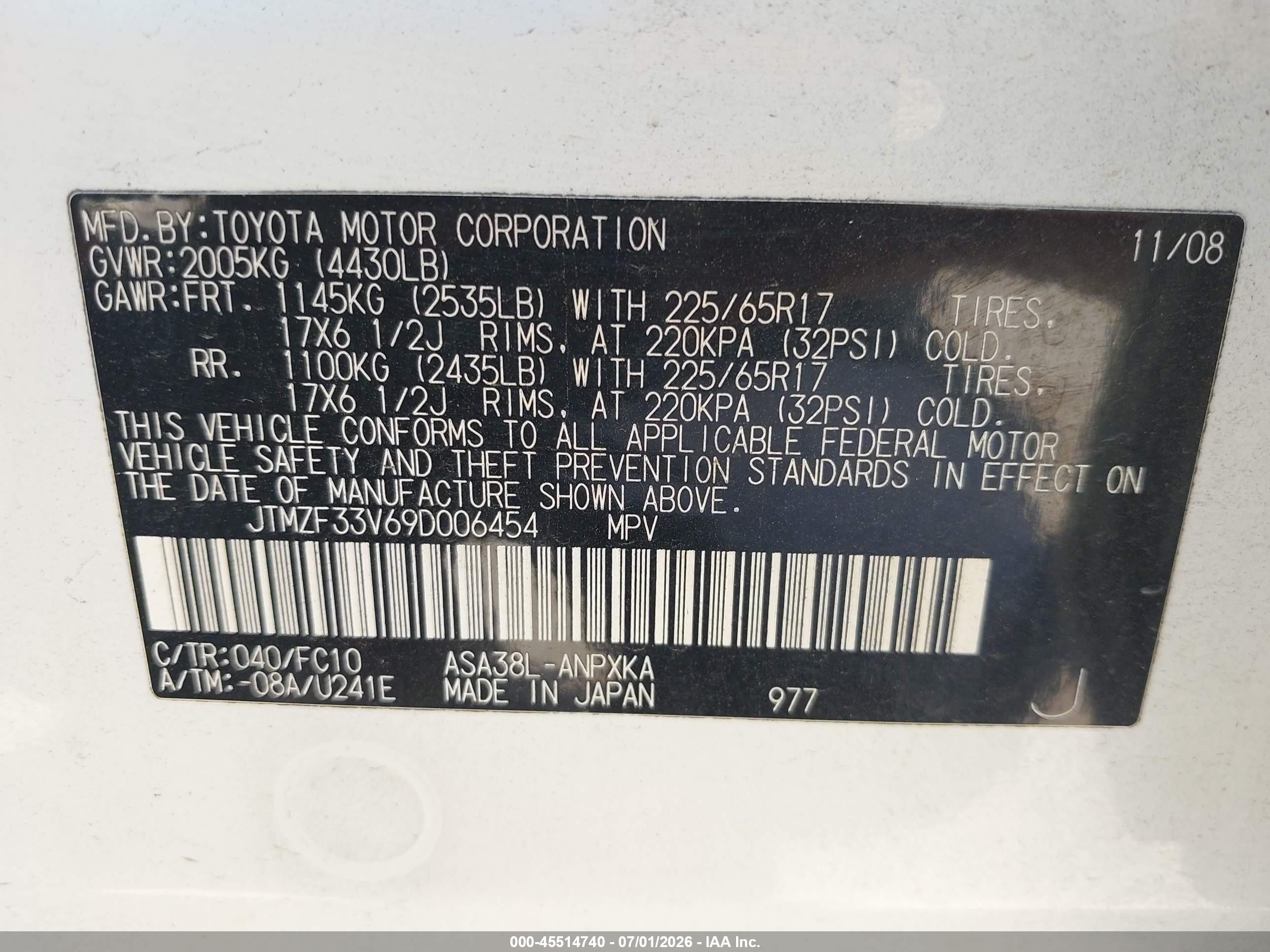 2009 Toyota Rav4   White vin: JTMZF33V69D006454