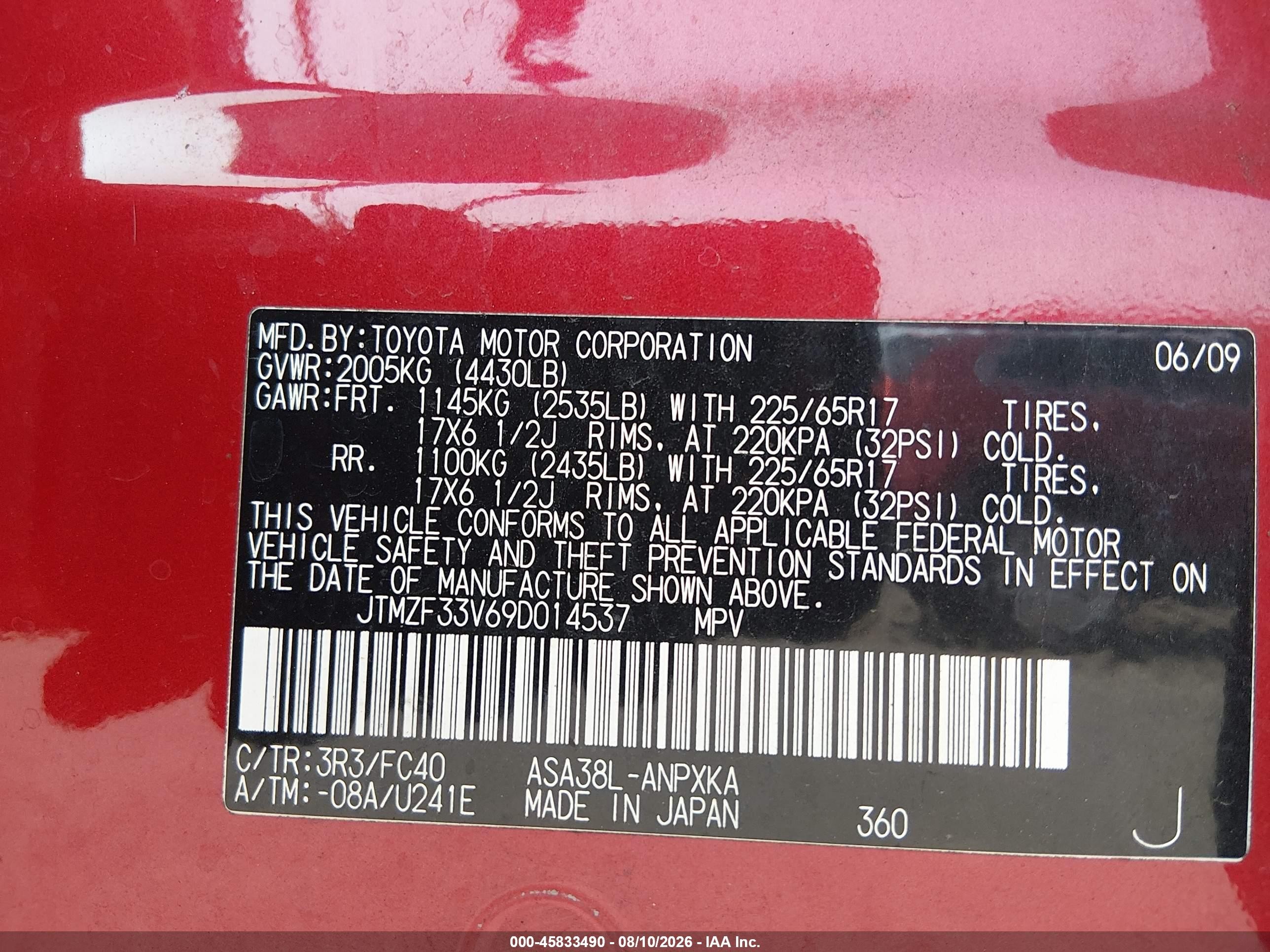 2009 Toyota Rav4   Red vin: JTMZF33V69D014537
