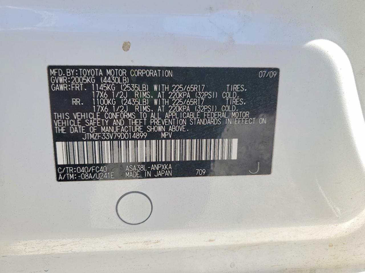 2009 Toyota Rav4 Base White vin: JTMZF33V79D014899