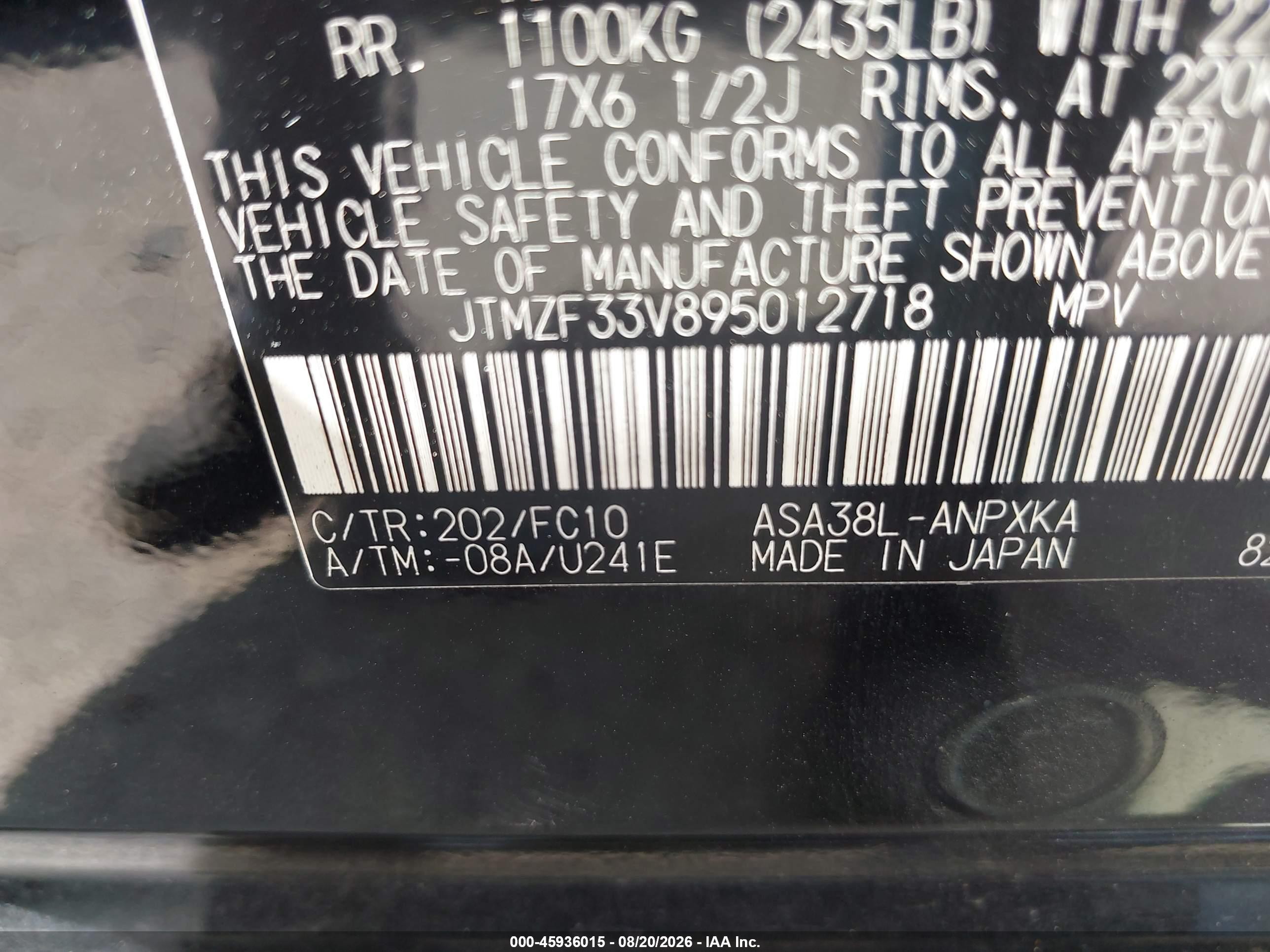 2009 Toyota Rav4   Black vin: JTMZF33V895012718