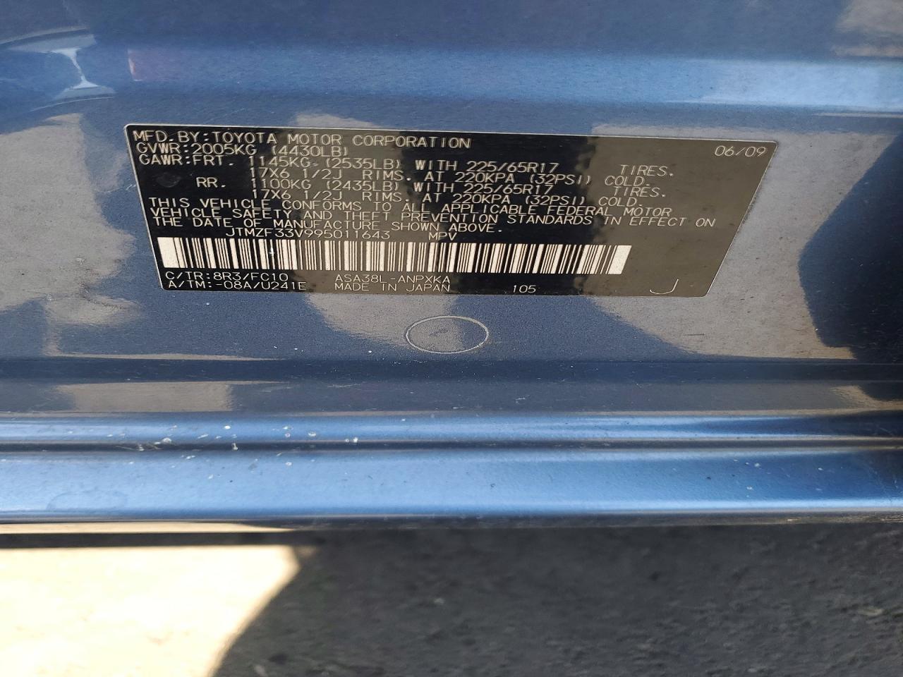 2009 Toyota Rav4 Base Blue vin: JTMZF33V995011643