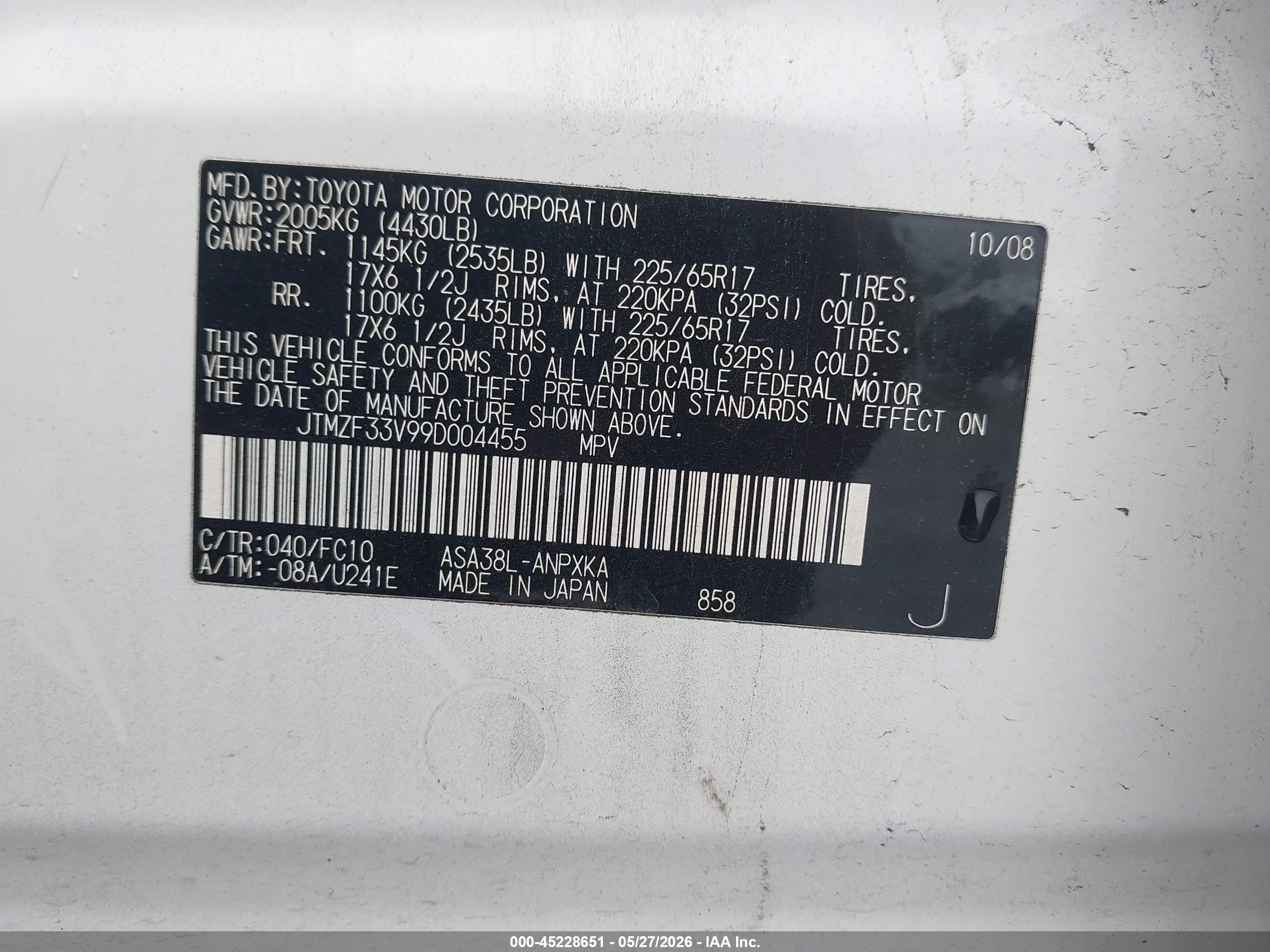 2009 Toyota Rav4   White vin: JTMZF33V99D004455