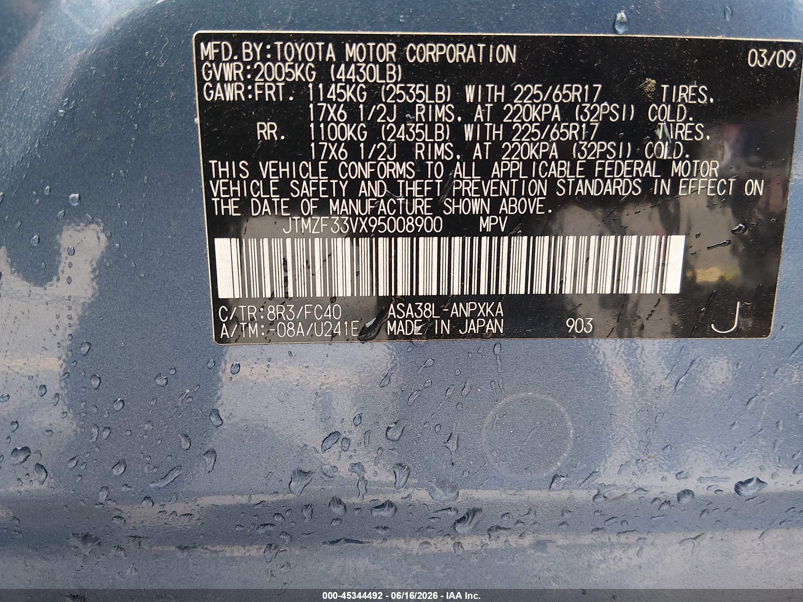 2009 Toyota Rav4   Blue vin: JTMZF33VX95008900