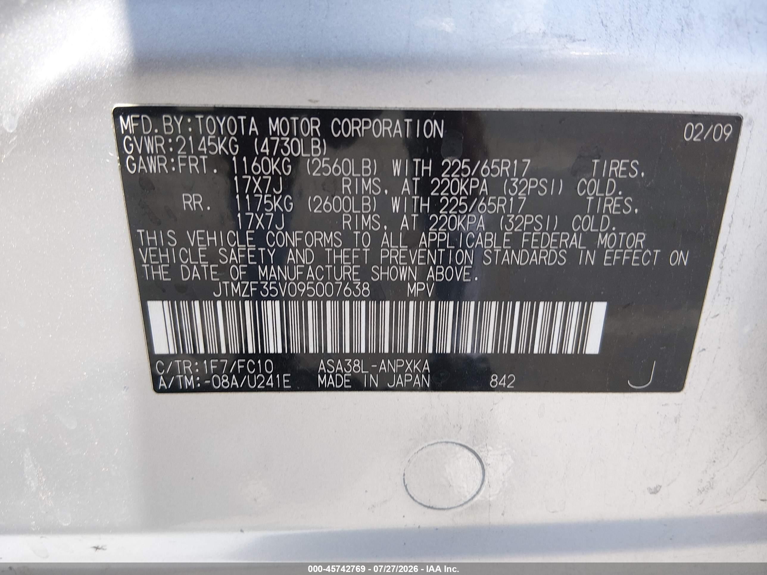2009 Toyota Rav4   Gray vin: JTMZF35V095007638