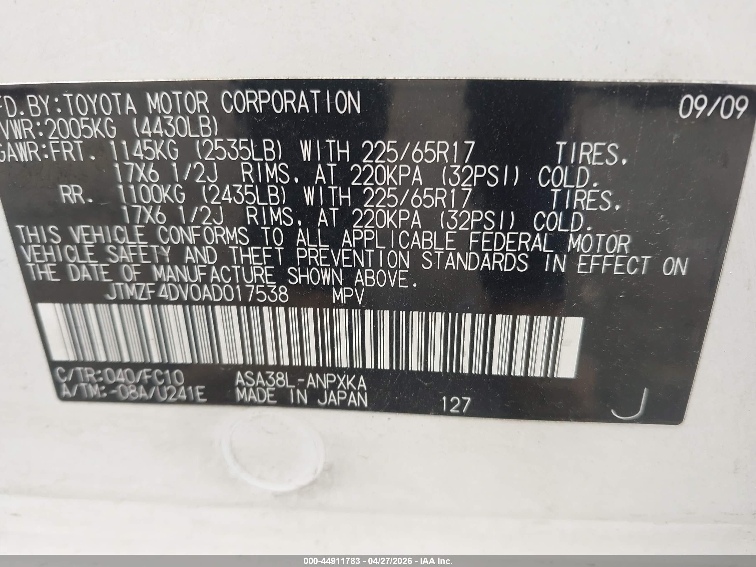 2010 Toyota Rav4   White vin: JTMZF4DV0AD017538