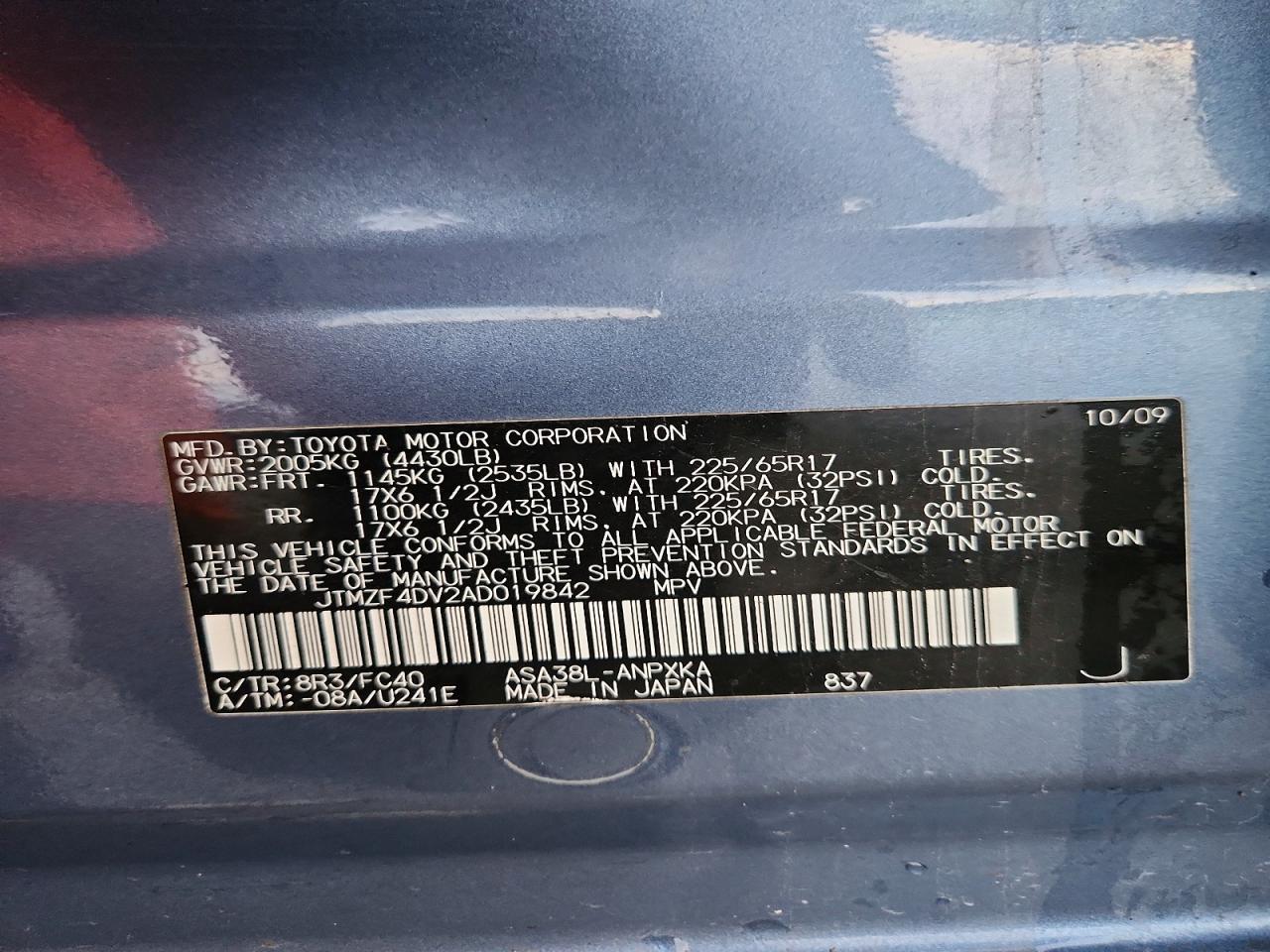 2010 Toyota Rav4 Base Blue vin: JTMZF4DV2AD019842