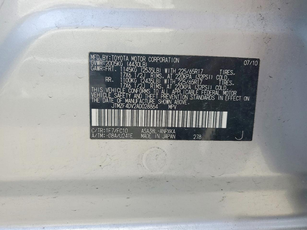 2010 Toyota Rav4 Base Silver vin: JTMZF4DV2AD028864
