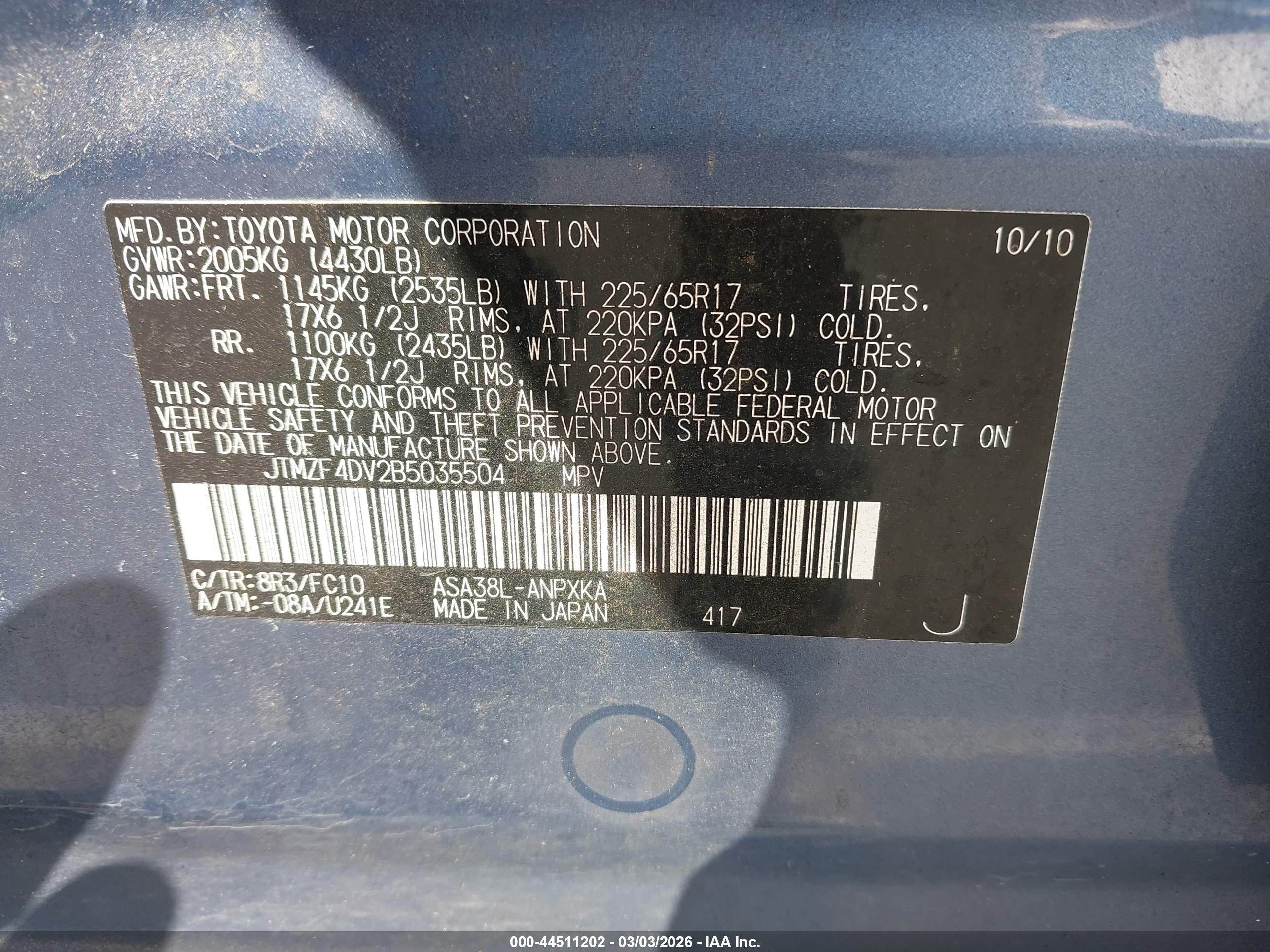 2011 Toyota Rav4   Blue vin: JTMZF4DV2B5035504