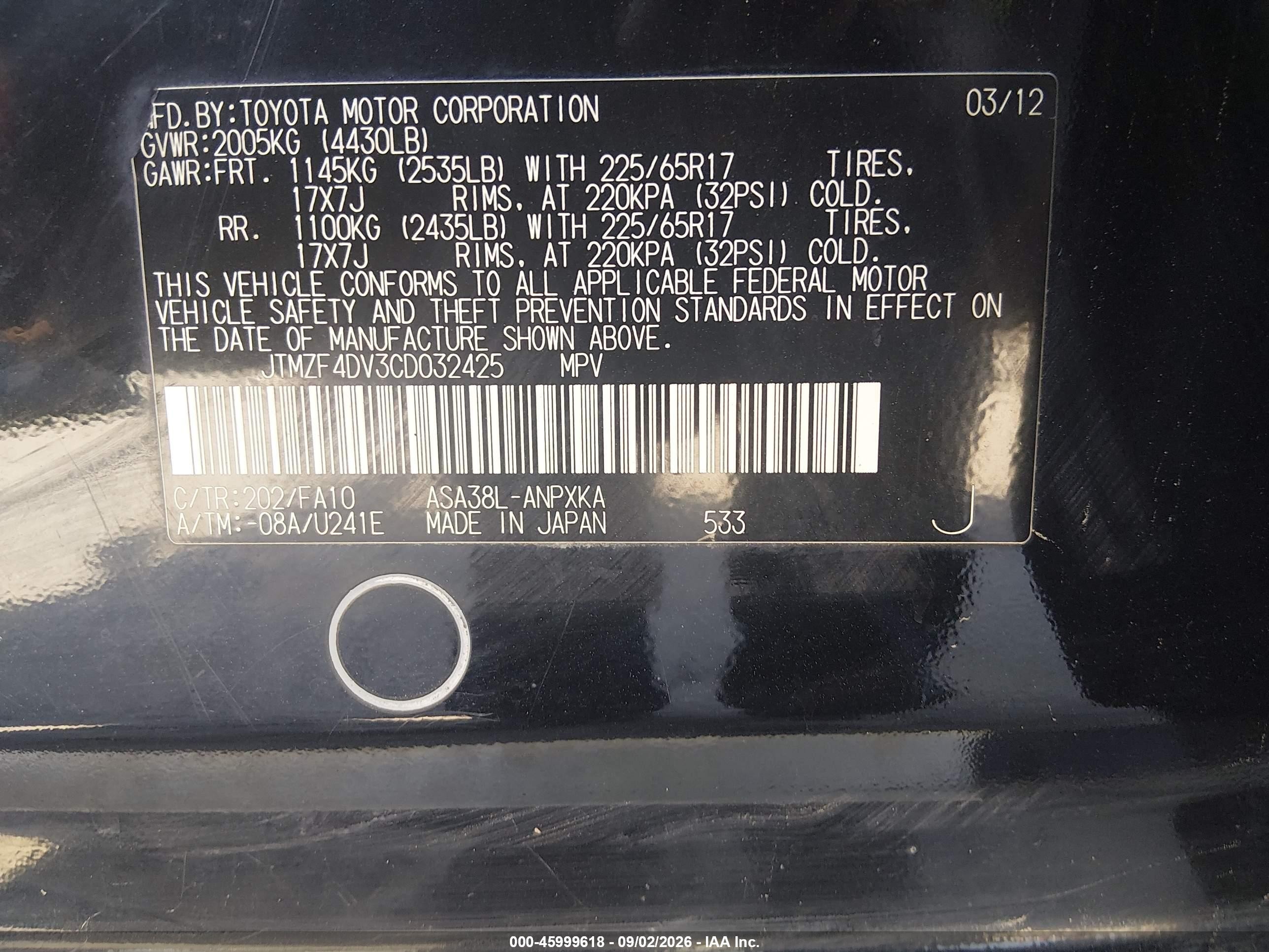 2012 Toyota Rav4   Black vin: JTMZF4DV3CD032425