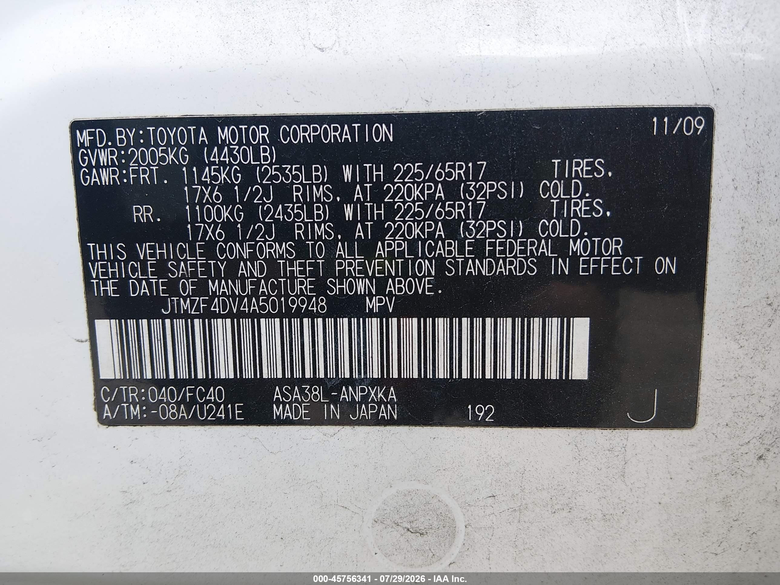2010 Toyota Rav4   White vin: JTMZF4DV4A5019948