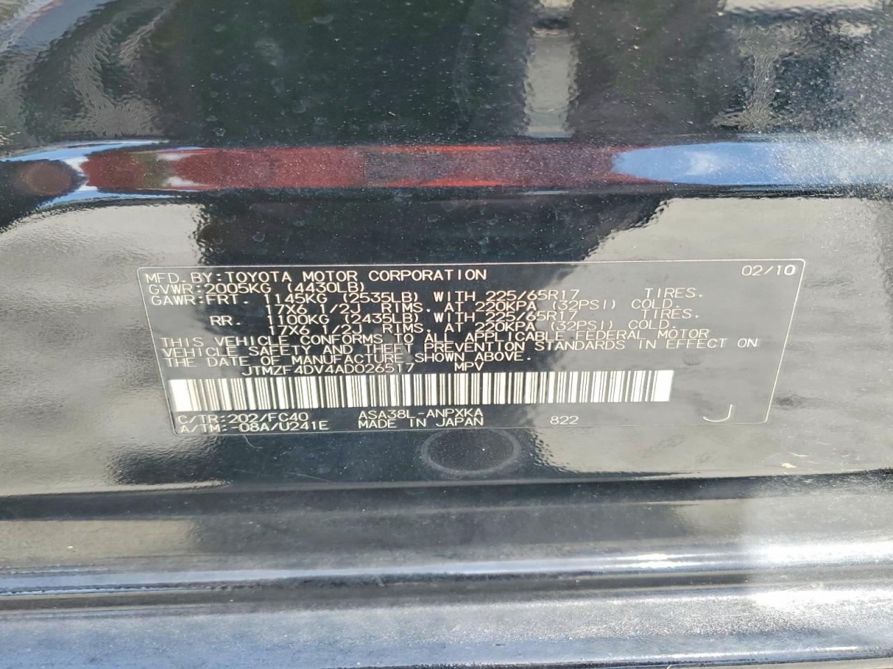 2010 Toyota Rav4 Base Black vin: JTMZF4DV4AD026517