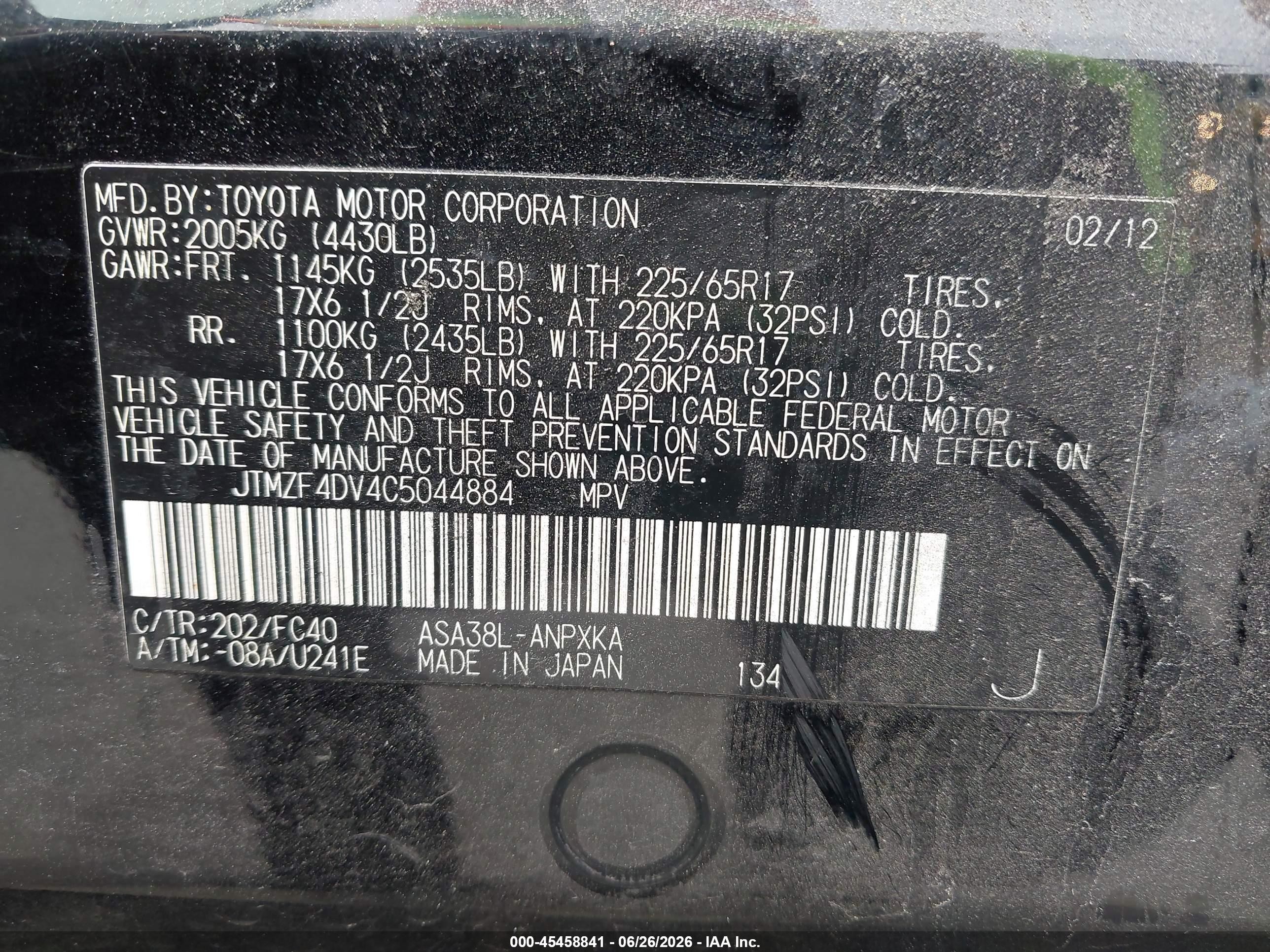 2012 Toyota Rav4   Black vin: JTMZF4DV4C5044884