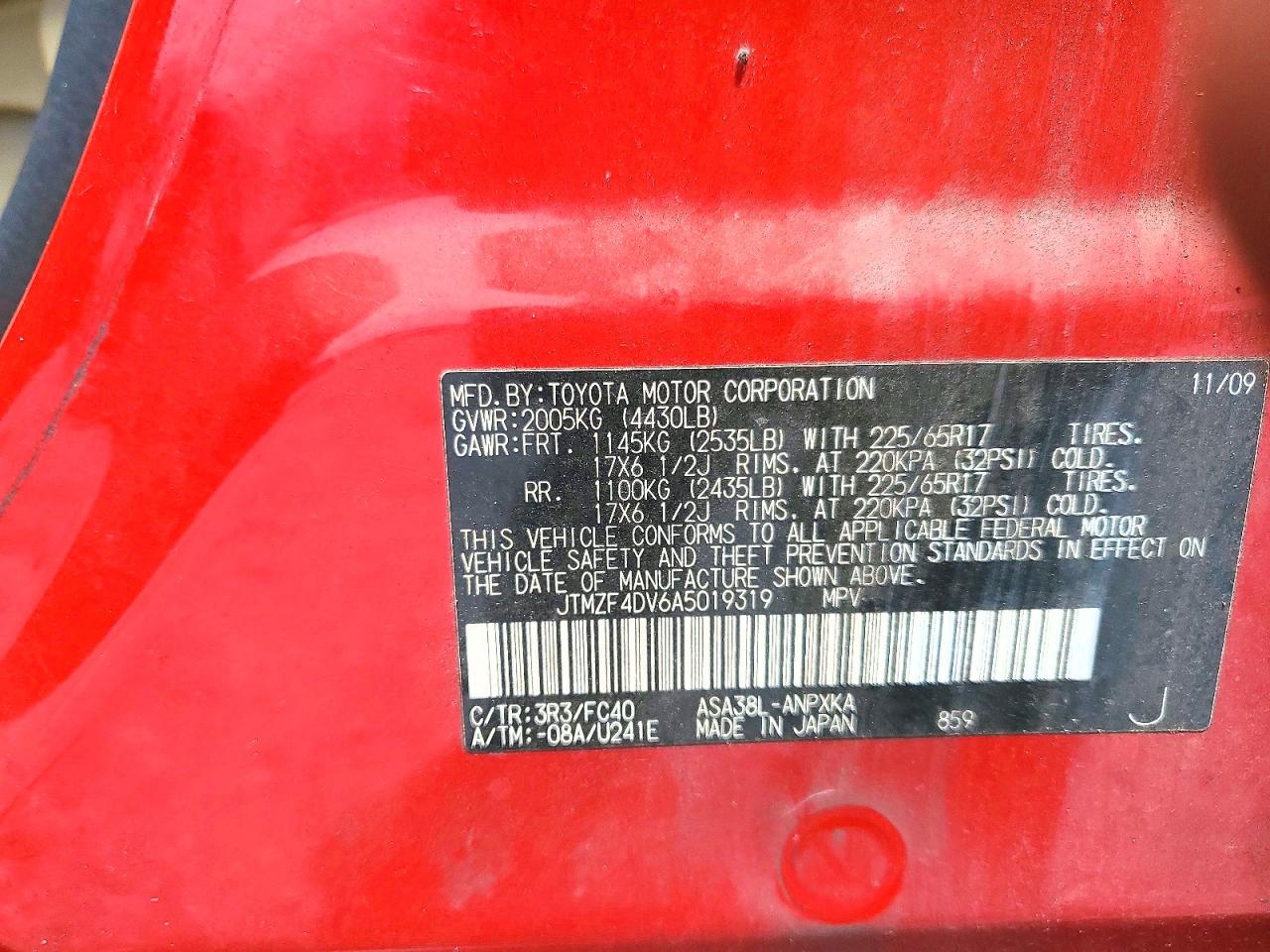 2010 Toyota Rav4 Base Red vin: JTMZF4DV6A5019319