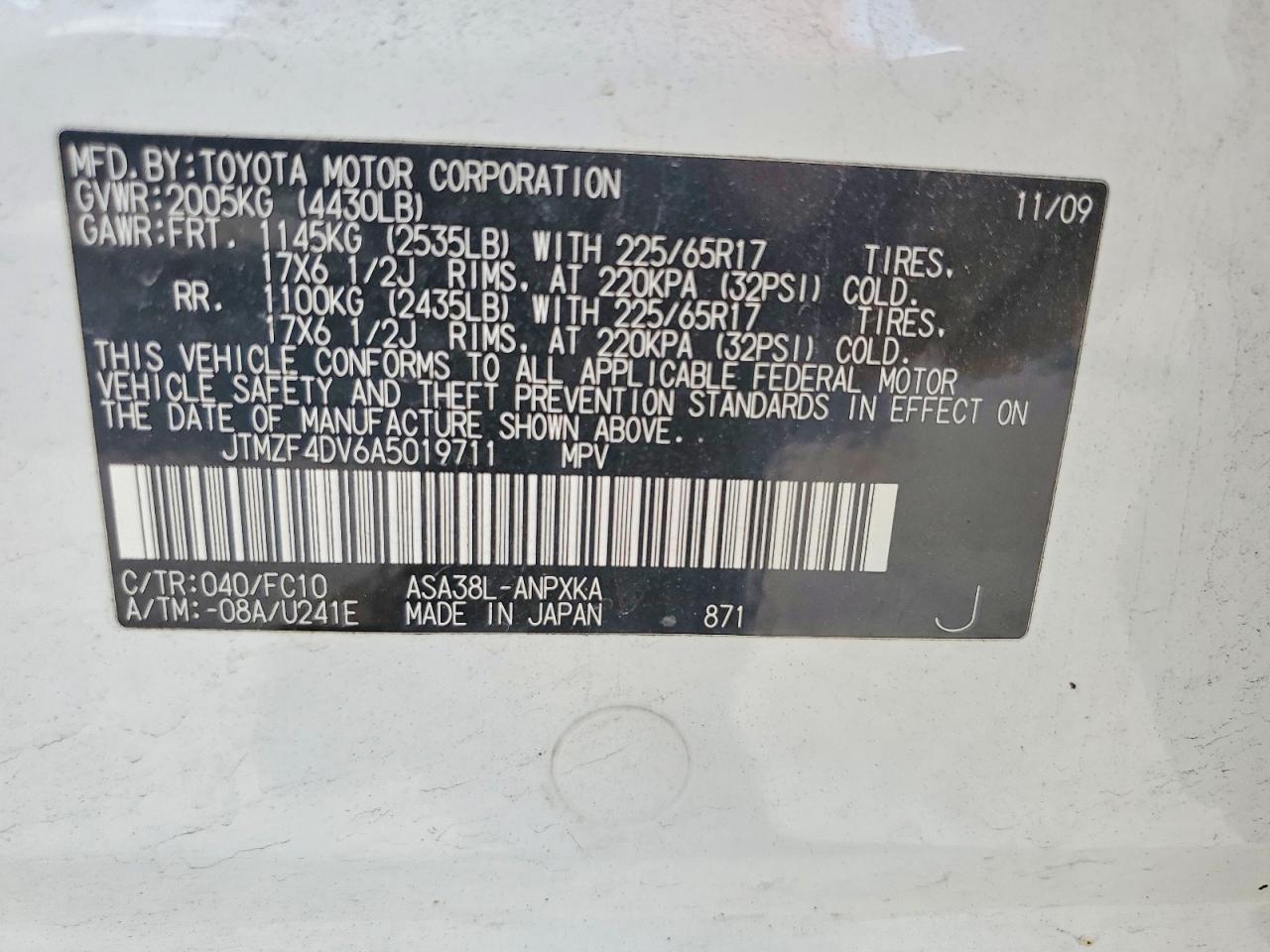 2010 Toyota Rav4 Base White vin: JTMZF4DV6A5019711