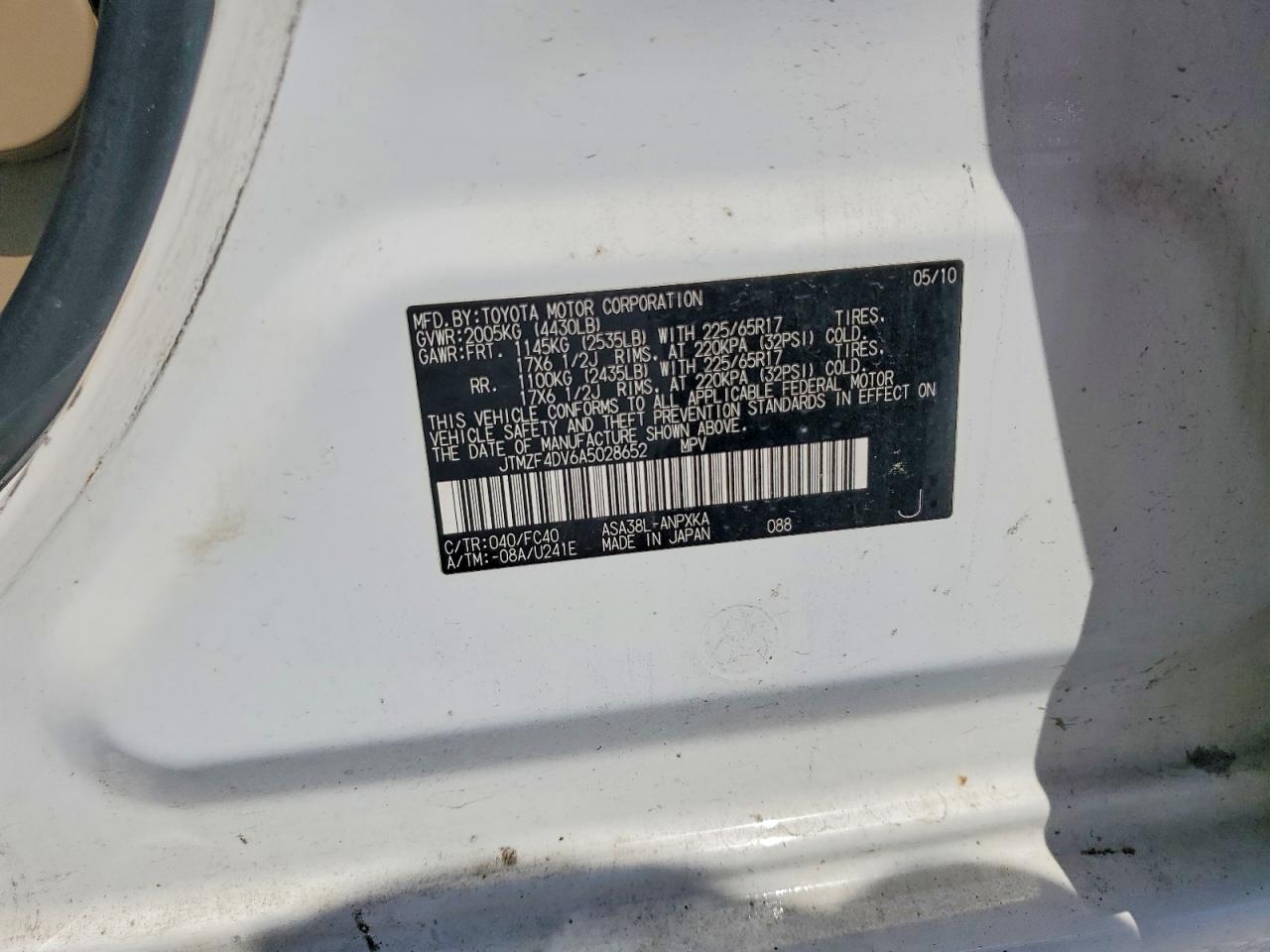 2010 Toyota Rav4 Base White vin: JTMZF4DV6A5028652