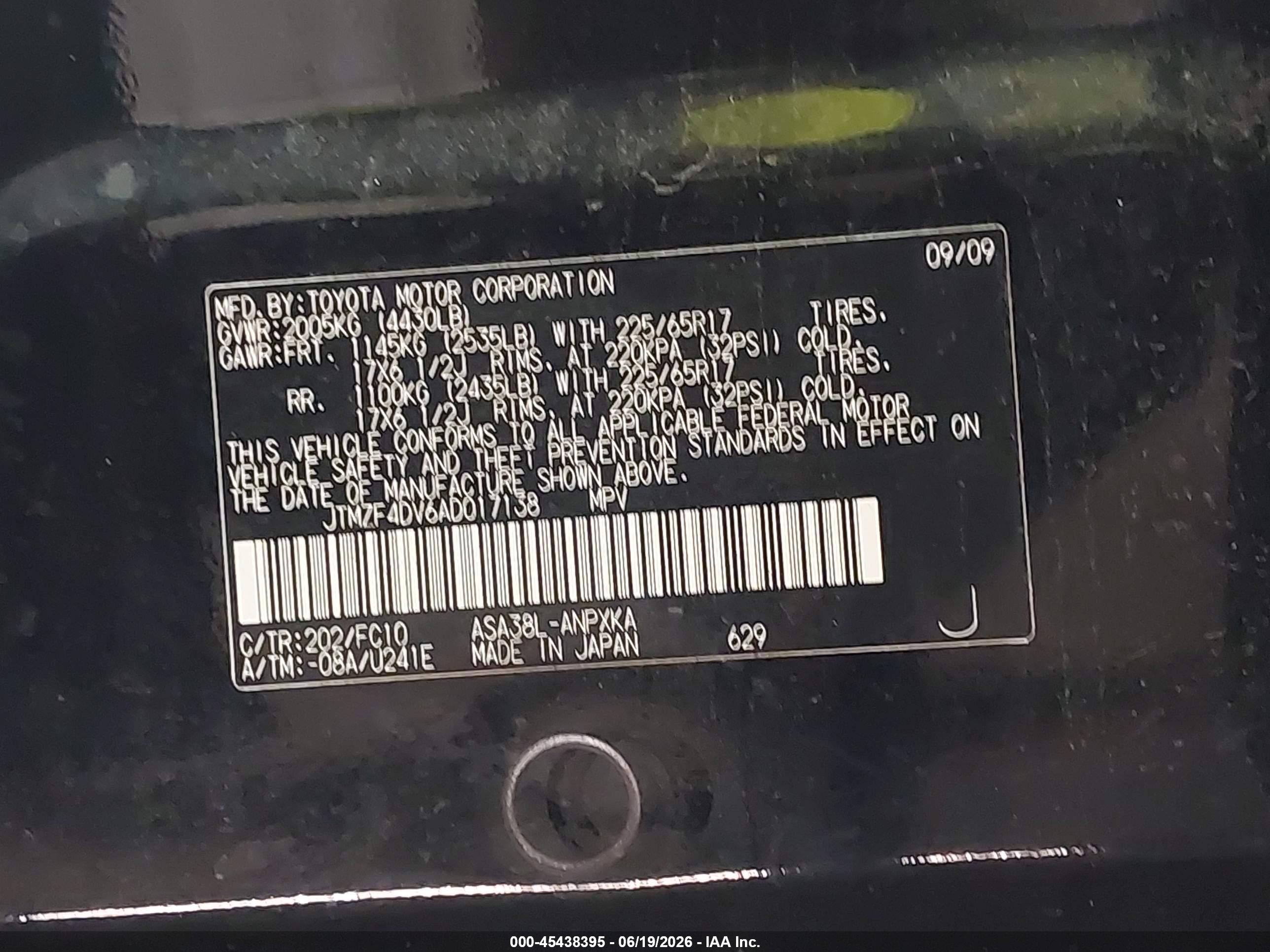 2010 Toyota Rav4   Black vin: JTMZF4DV6AD017138
