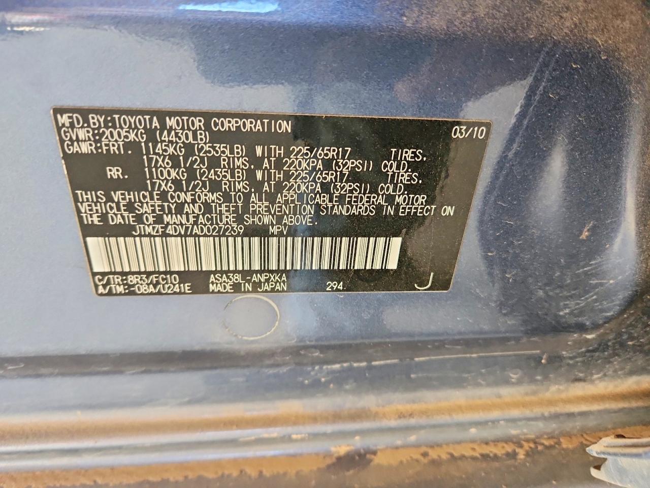 2010 Toyota Rav4 Base Blue vin: JTMZF4DV7AD027239