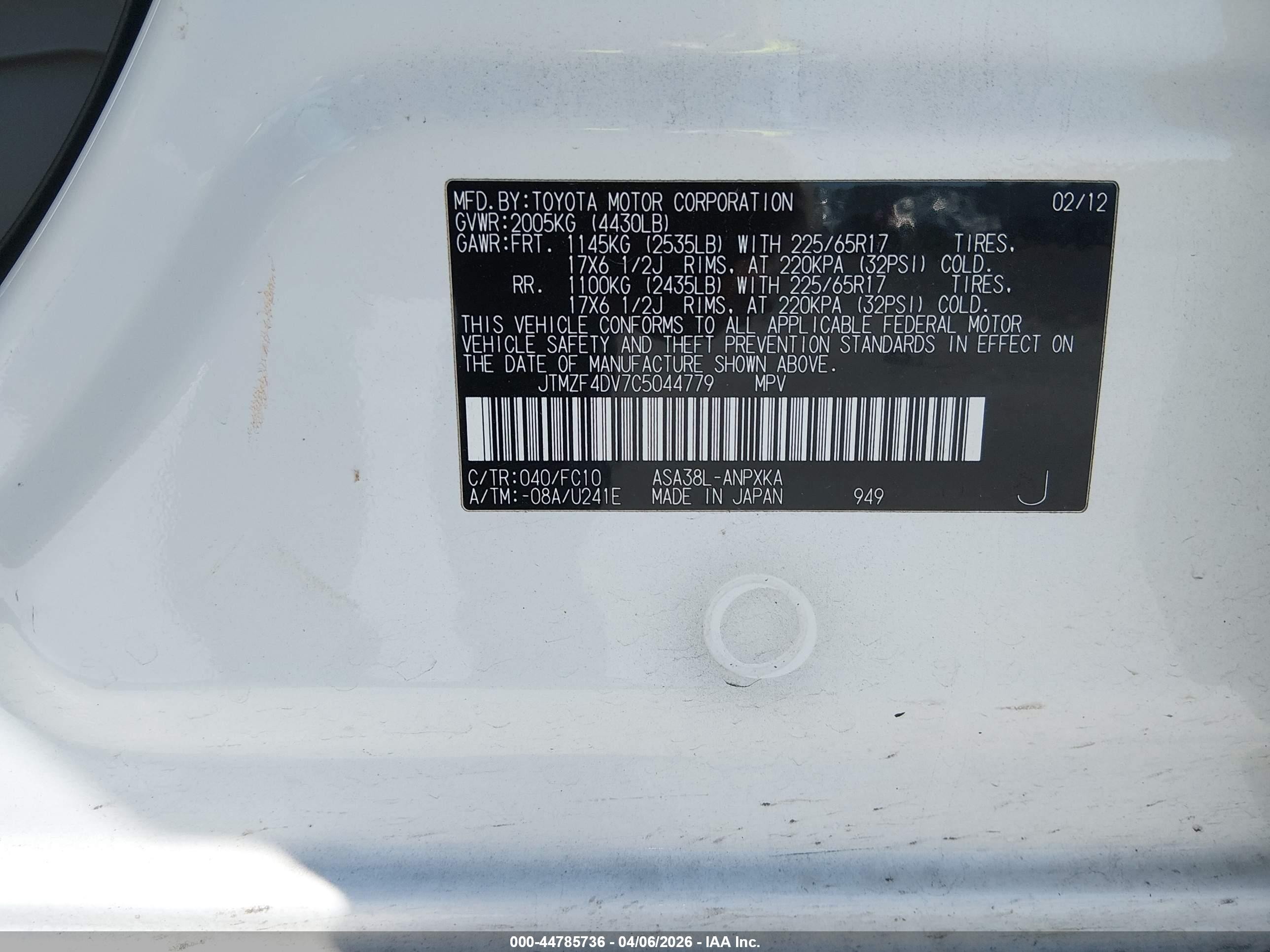 2012 Toyota Rav4   White vin: JTMZF4DV7C5044779