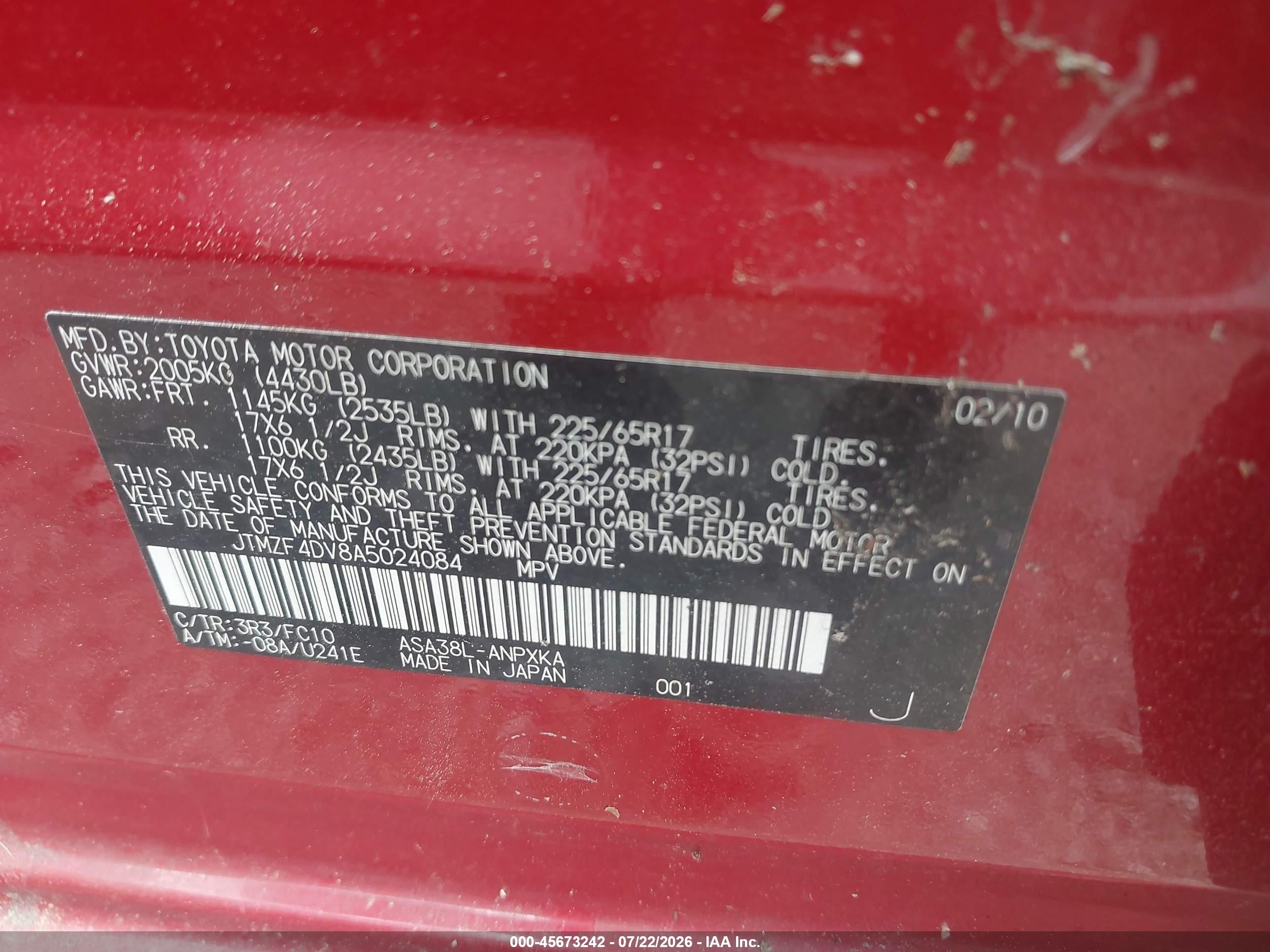 2010 Toyota Rav4   Red vin: JTMZF4DV8A5024084