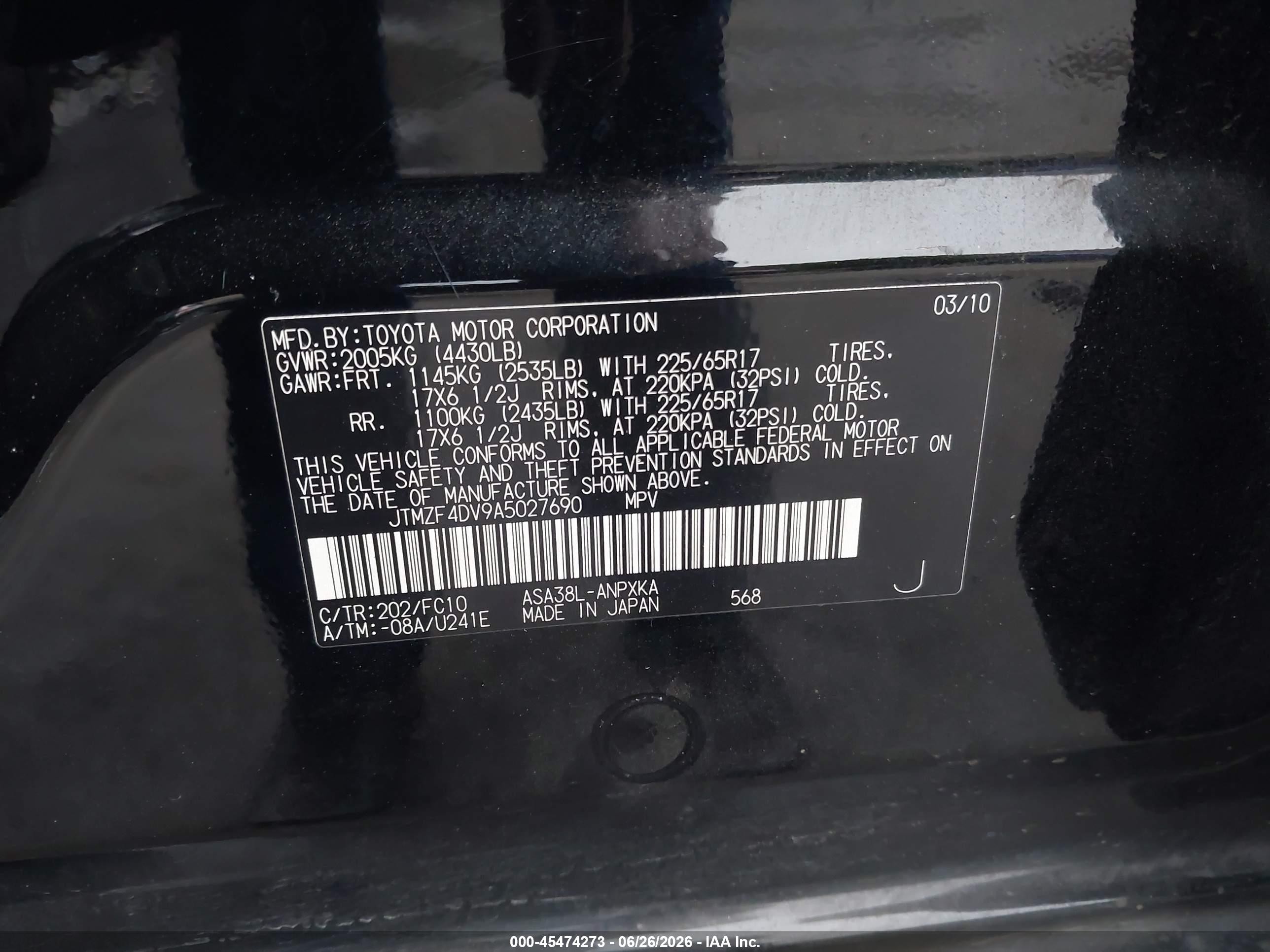 2010 Toyota Rav4   Black vin: JTMZF4DV9A5027690