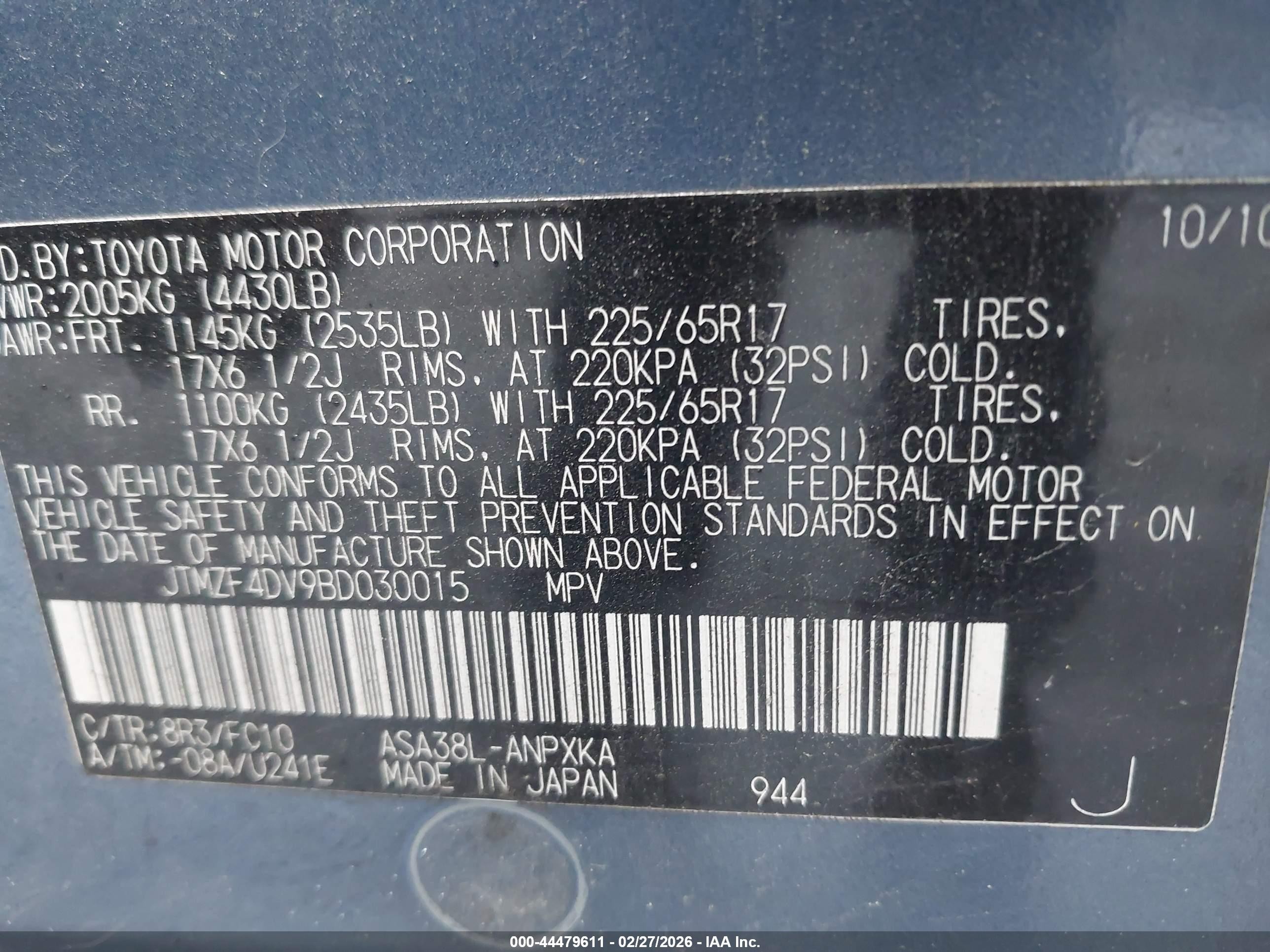 2011 Toyota Rav4   Blue vin: JTMZF4DV9BD030015