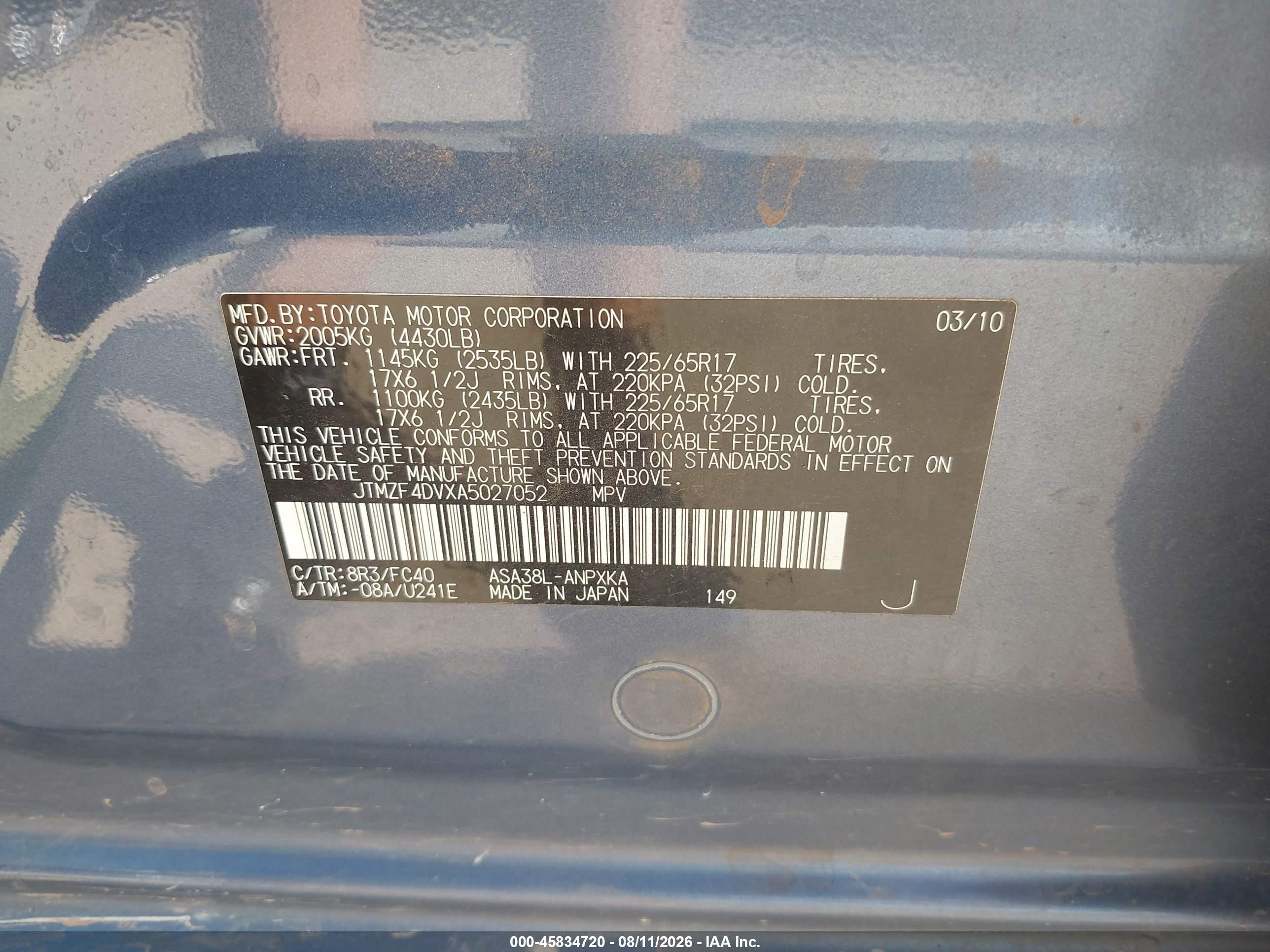 2010 Toyota Rav4   Blue vin: JTMZF4DVXA5027052
