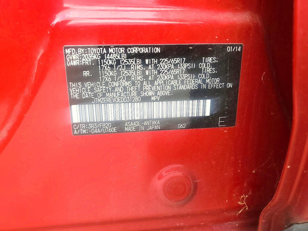 2014 Toyota Rav4 Le Red vin: JTMZFREV0ED031280