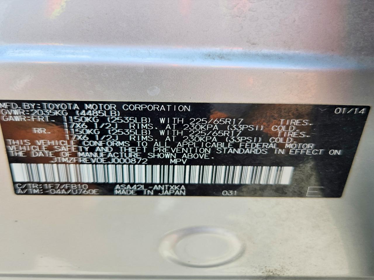 2014 Toyota Rav4 Le Silver vin: JTMZFREV0EJ000872