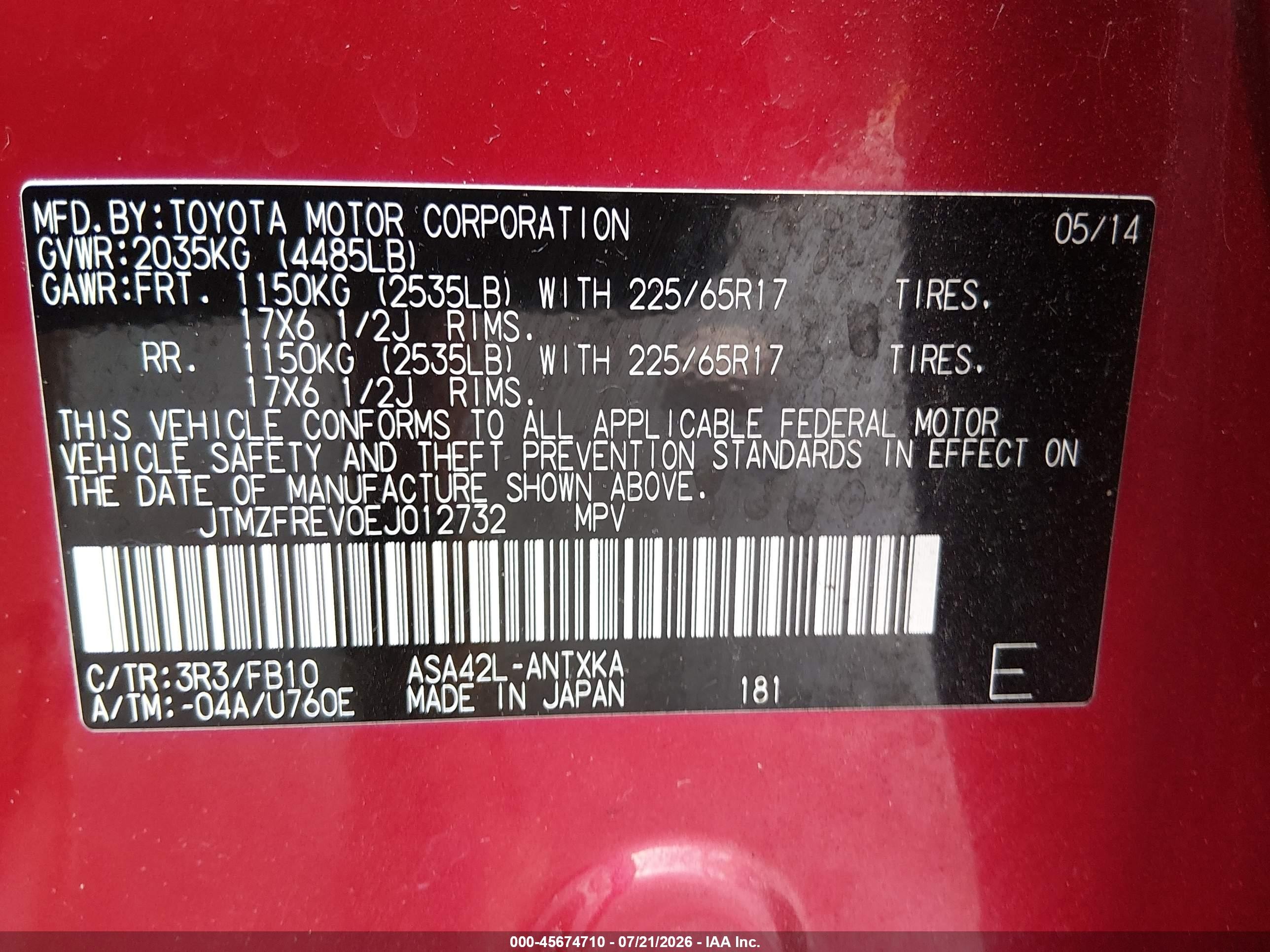 2014 Toyota Rav4 Le Red vin: JTMZFREV0EJ012732