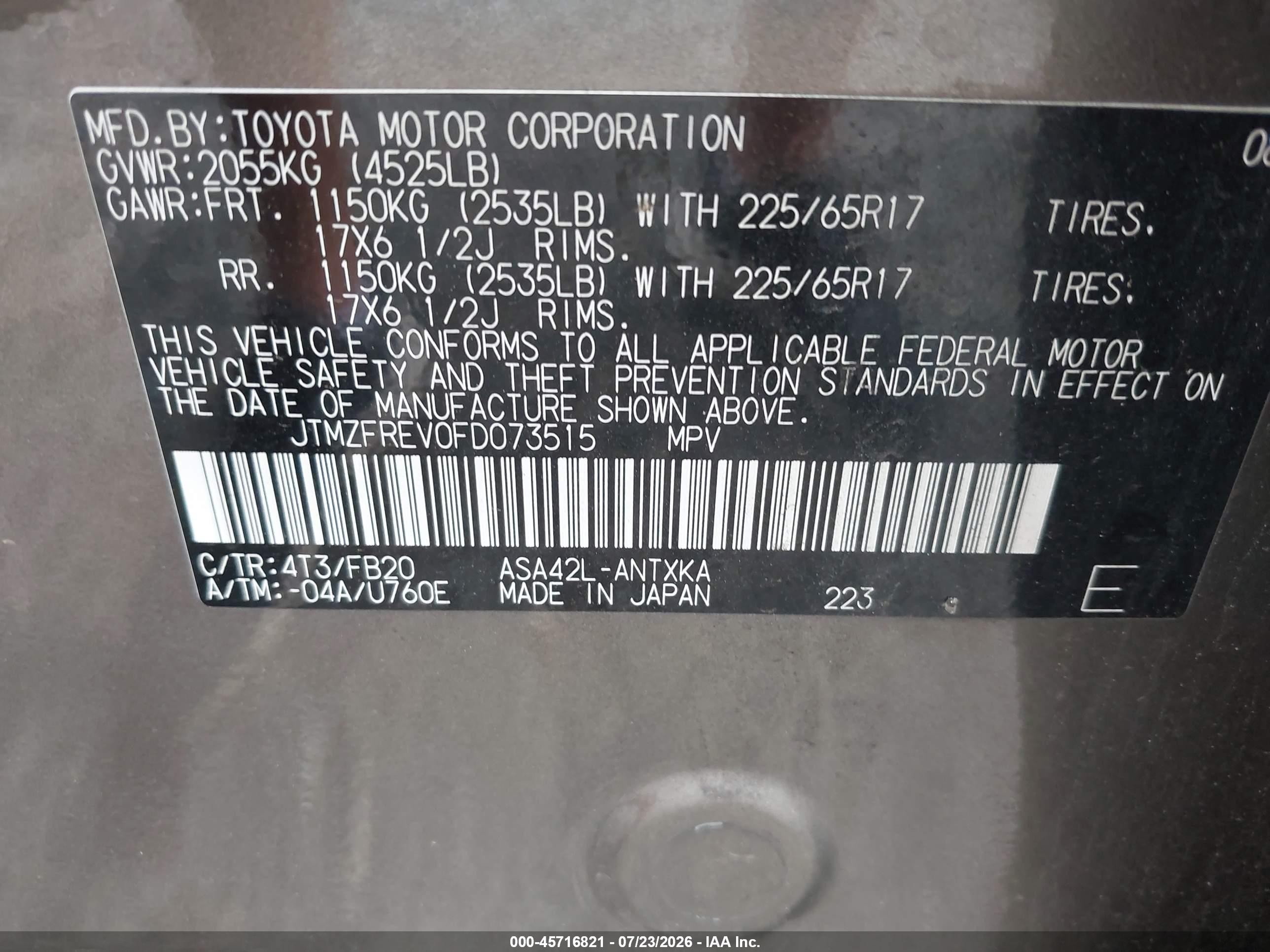 2015 Toyota Rav4 Le Gray vin: JTMZFREV0FD073515