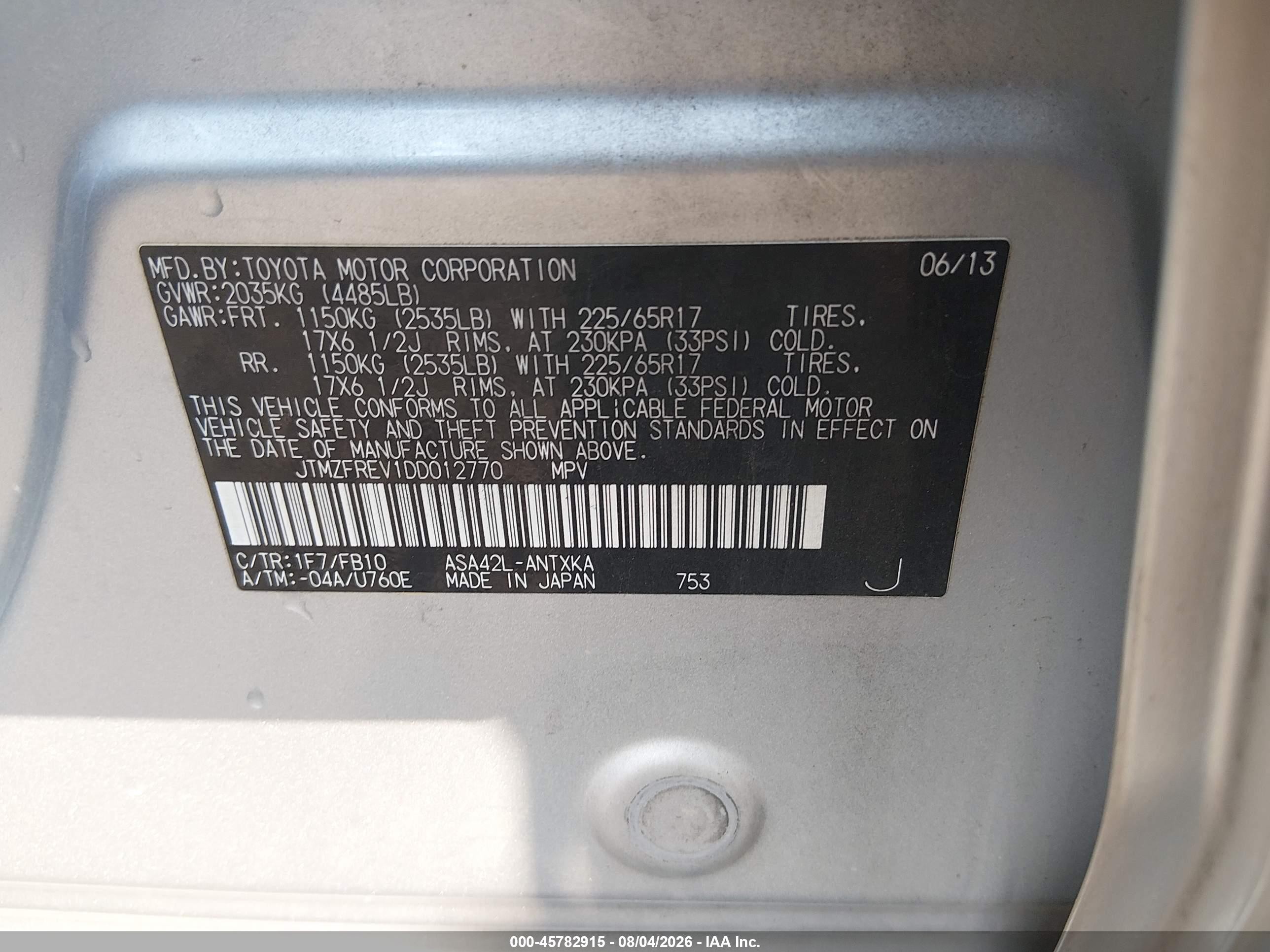 2013 Toyota Rav4 Le Silver vin: JTMZFREV1DD012770