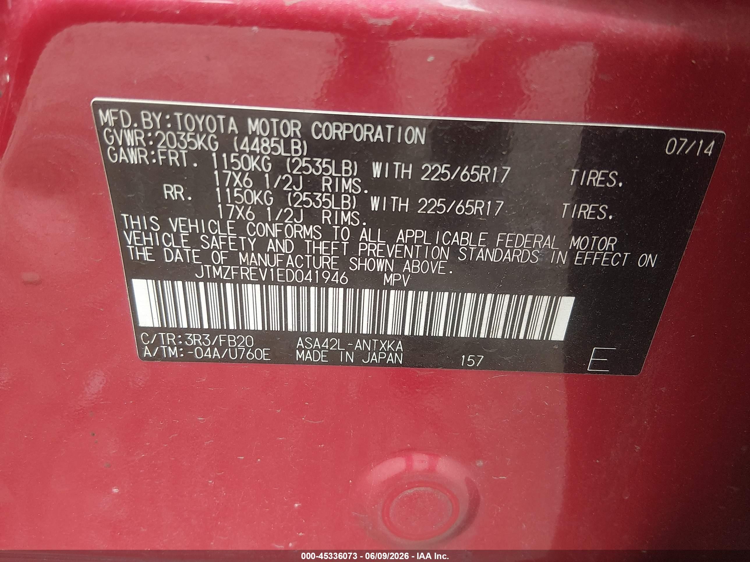 2014 Toyota Rav4 Le Red vin: JTMZFREV1ED041946