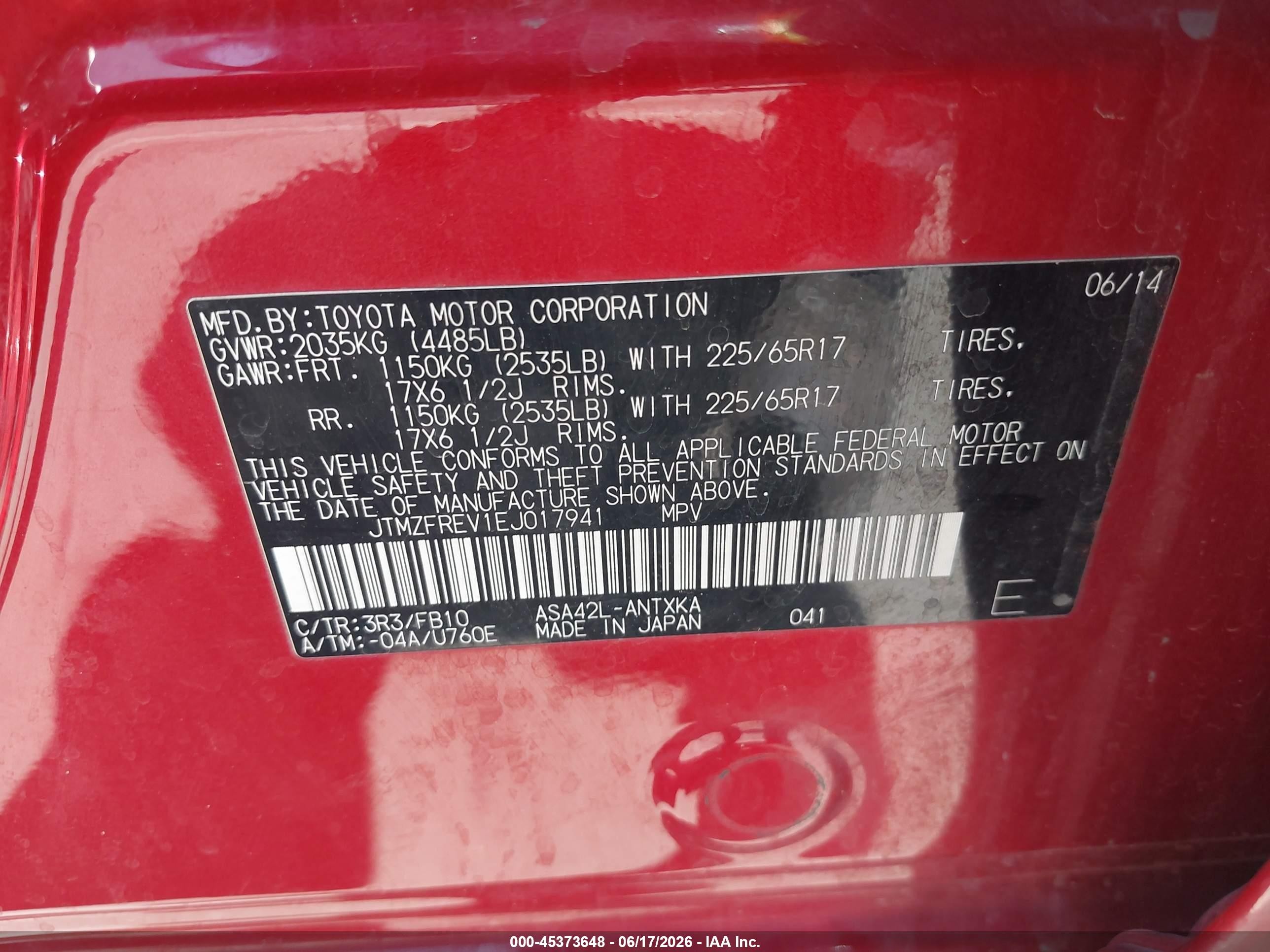 2014 Toyota Rav4 Le Red vin: JTMZFREV1EJ017941