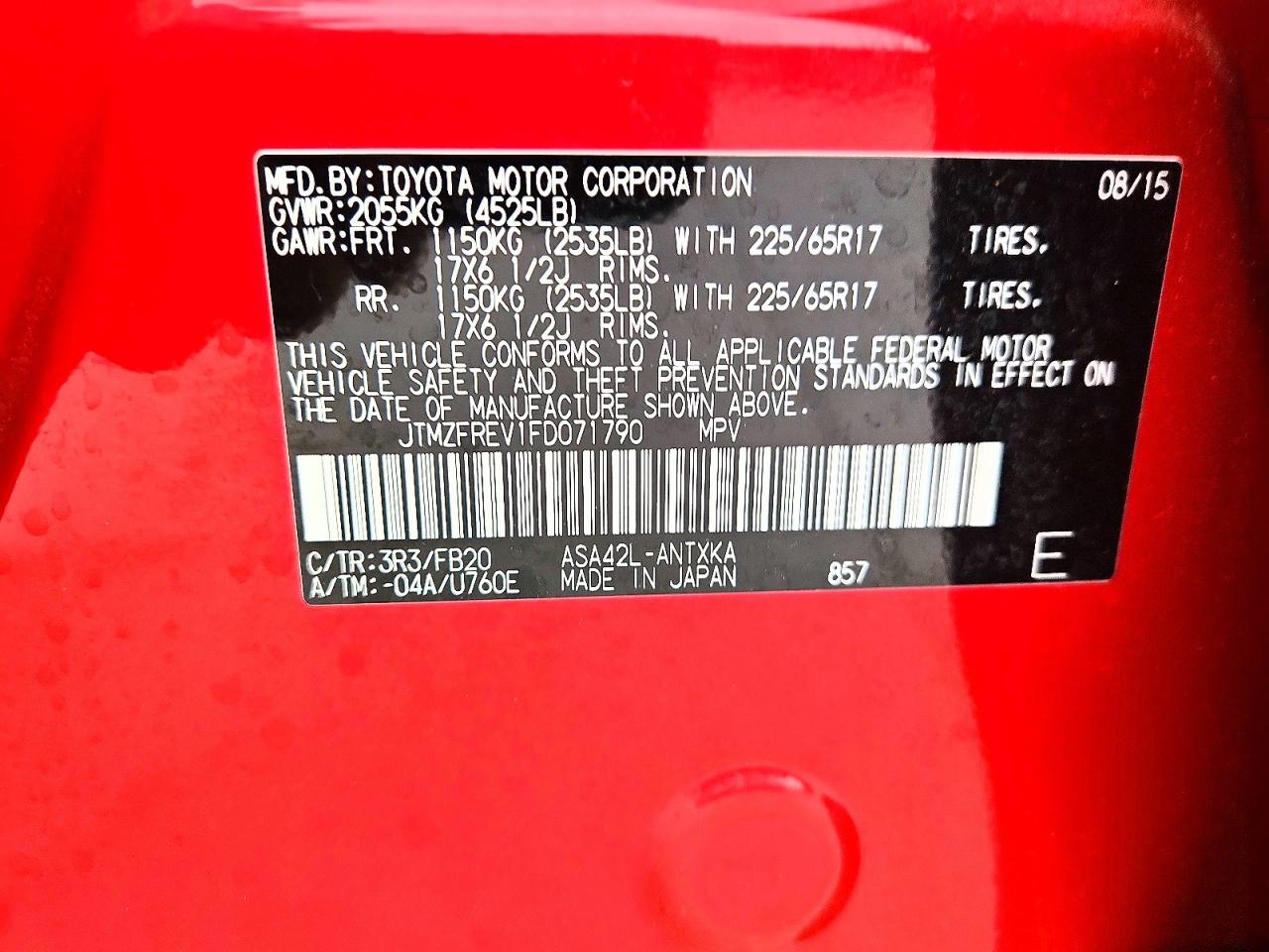 2015 Toyota Rav4 Le Red vin: JTMZFREV1FD071790