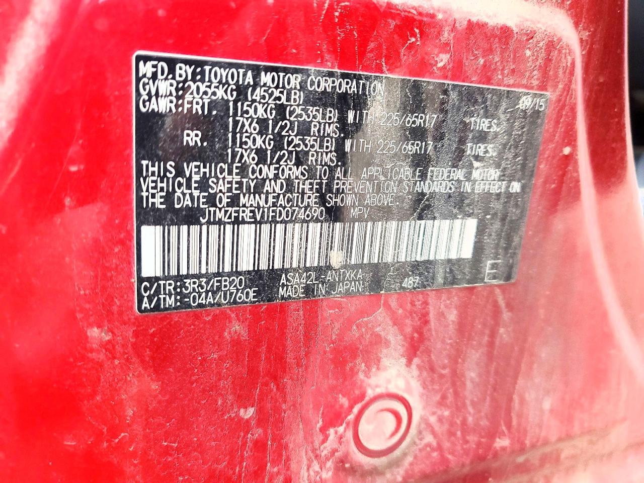 2015 Toyota Rav4 Le Red vin: JTMZFREV1FD074690