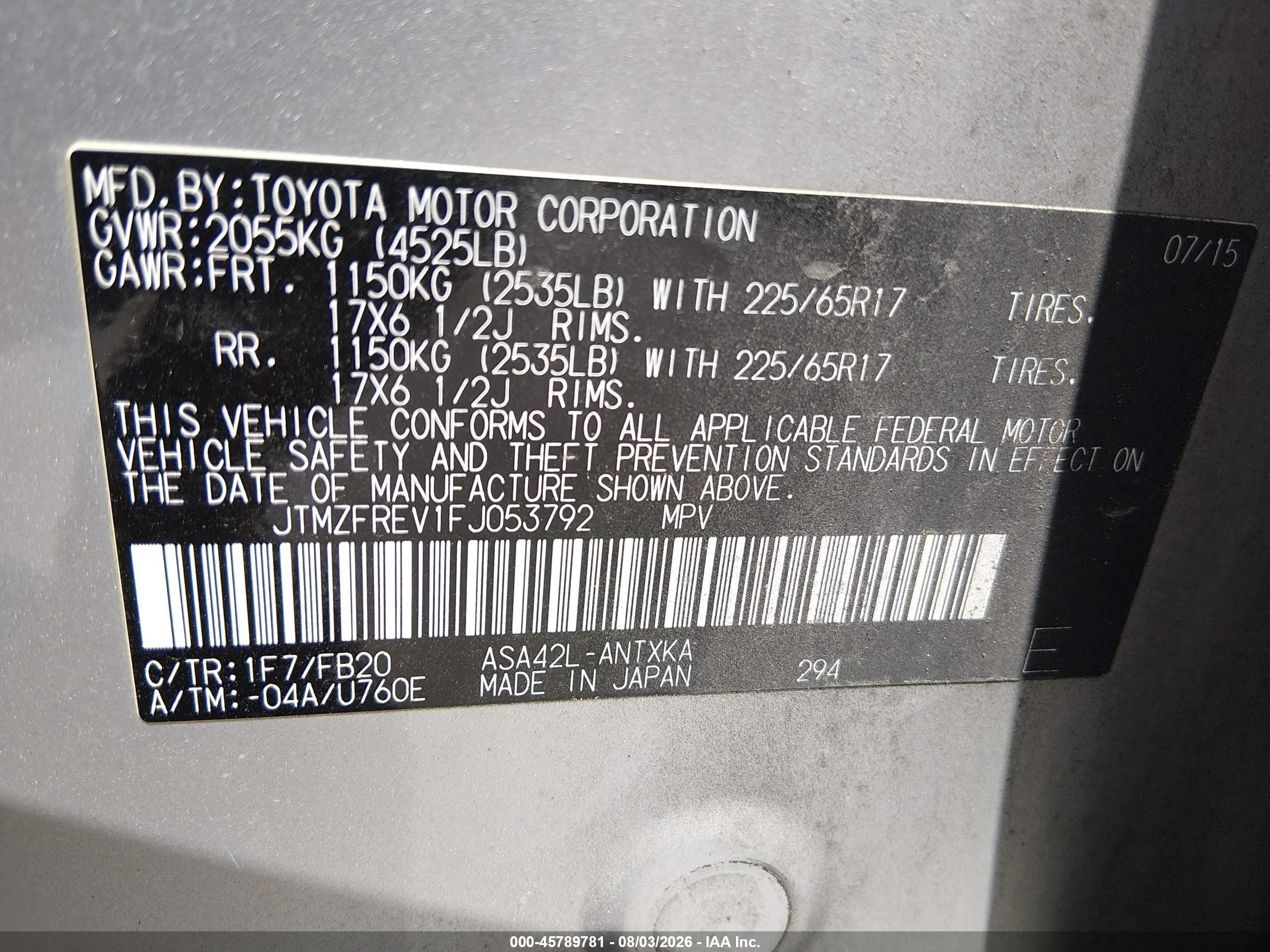 2015 Toyota Rav4 Le Silver vin: JTMZFREV1FJ053792
