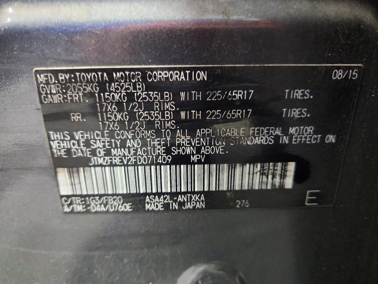 2015 Toyota Rav4 Le Charcoal vin: JTMZFREV2FD071409