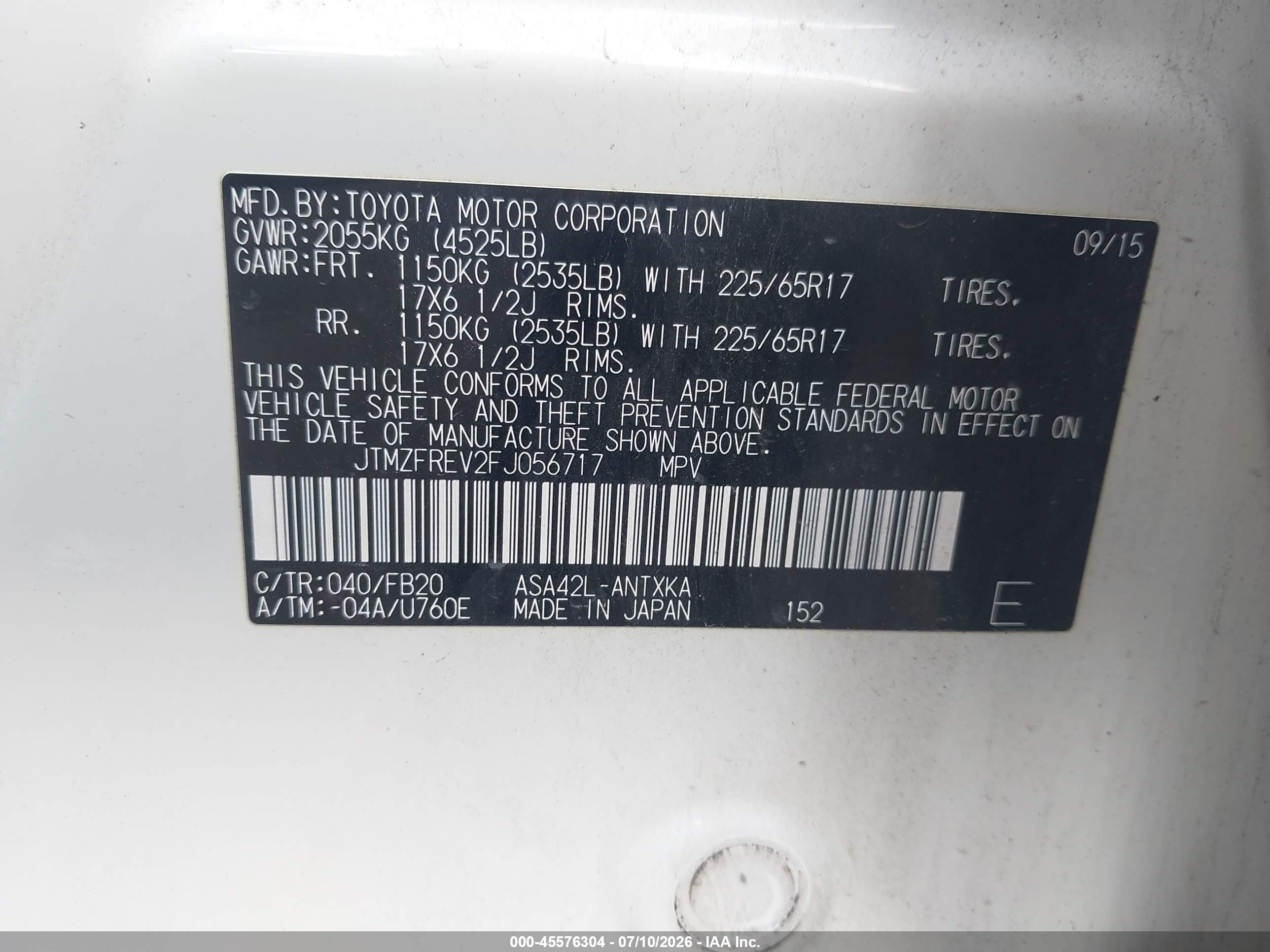 2015 Toyota Rav4 Le White vin: JTMZFREV2FJ056717