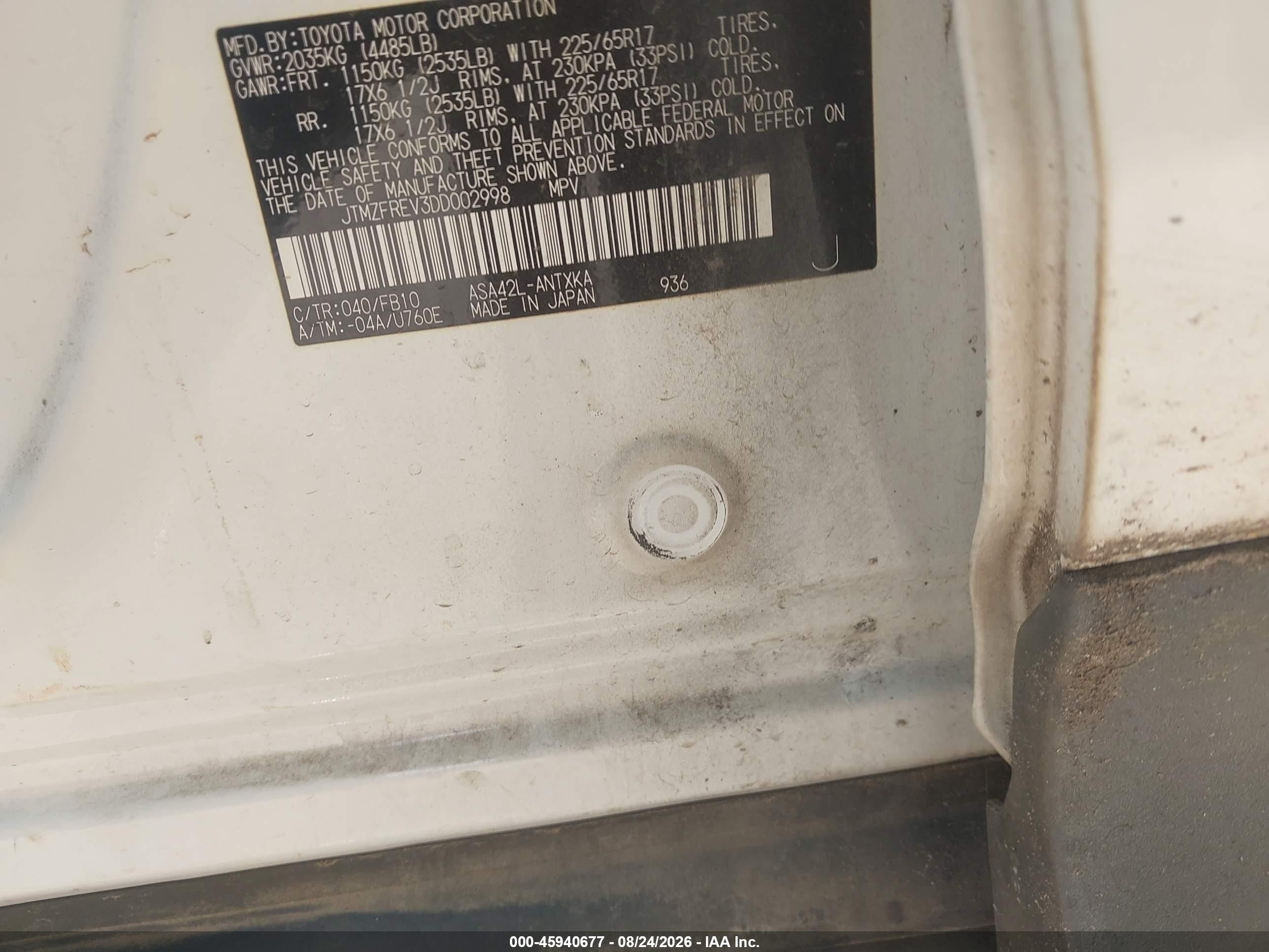 2013 Toyota Rav4 Le White vin: JTMZFREV3DD002998