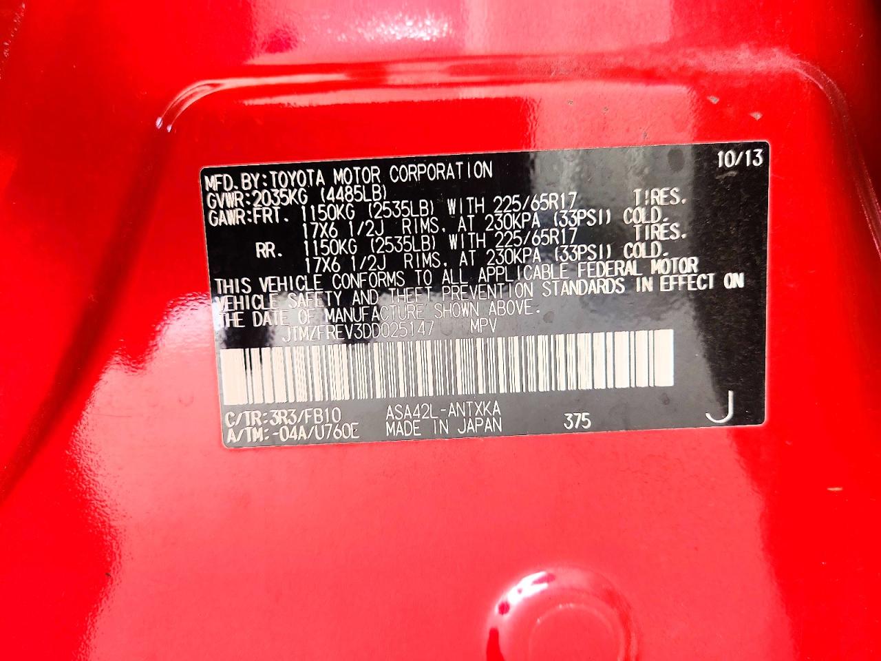 2013 Toyota Rav4 Le Red vin: JTMZFREV3DD025147
