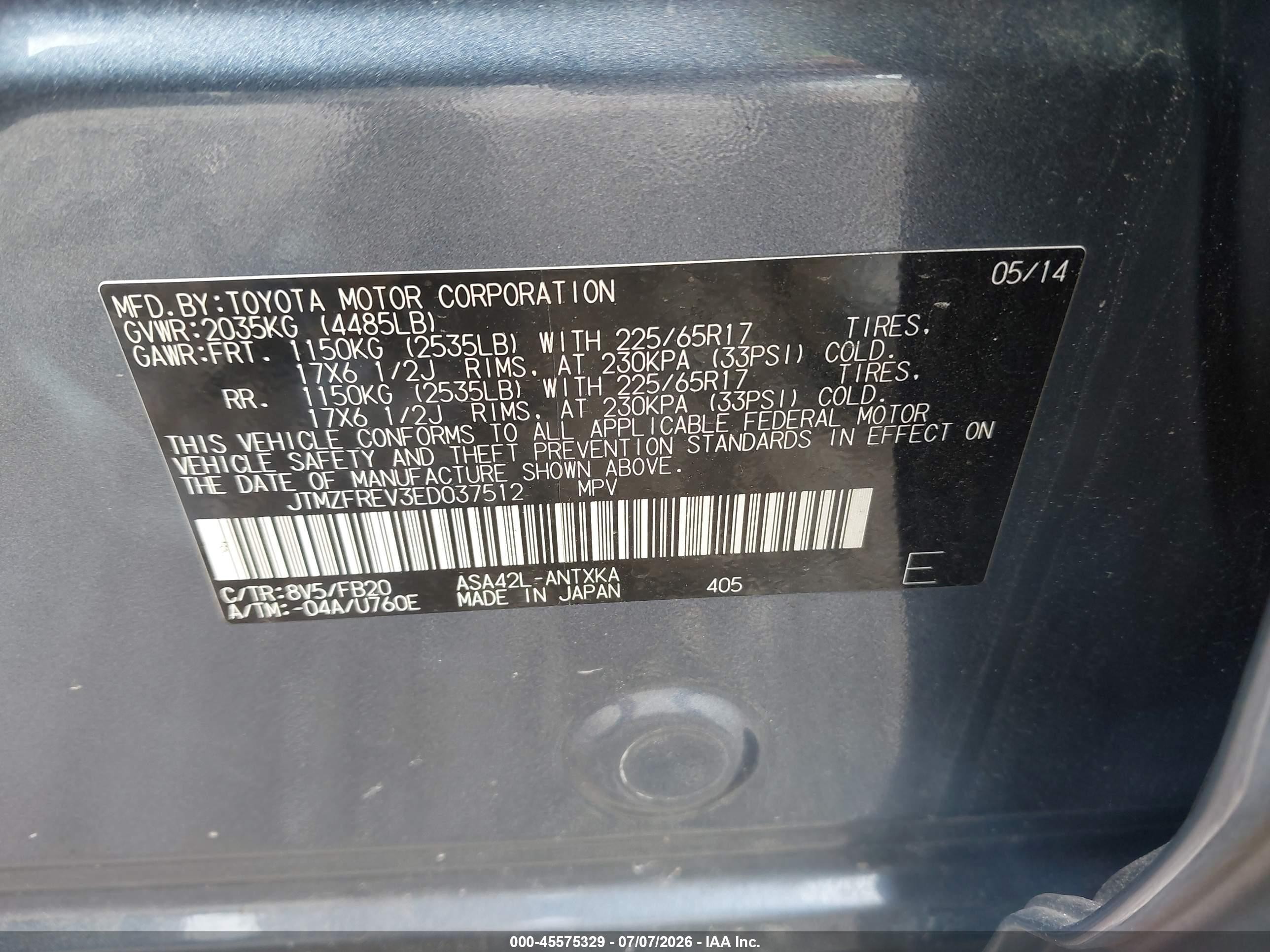 2014 Toyota Rav4 Le Blue vin: JTMZFREV3ED037512