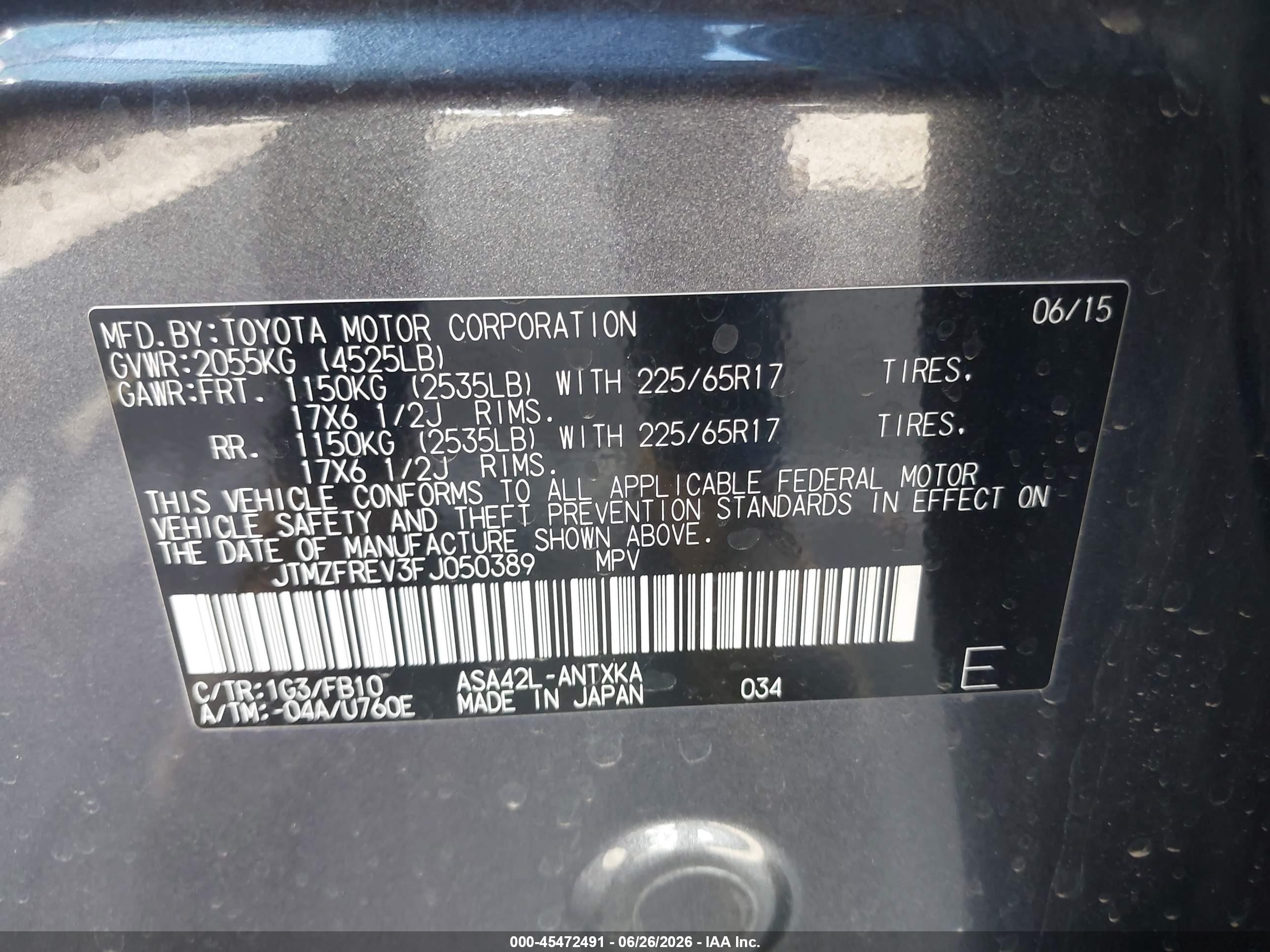 2015 Toyota Rav4 Le Gray vin: JTMZFREV3FJ050389