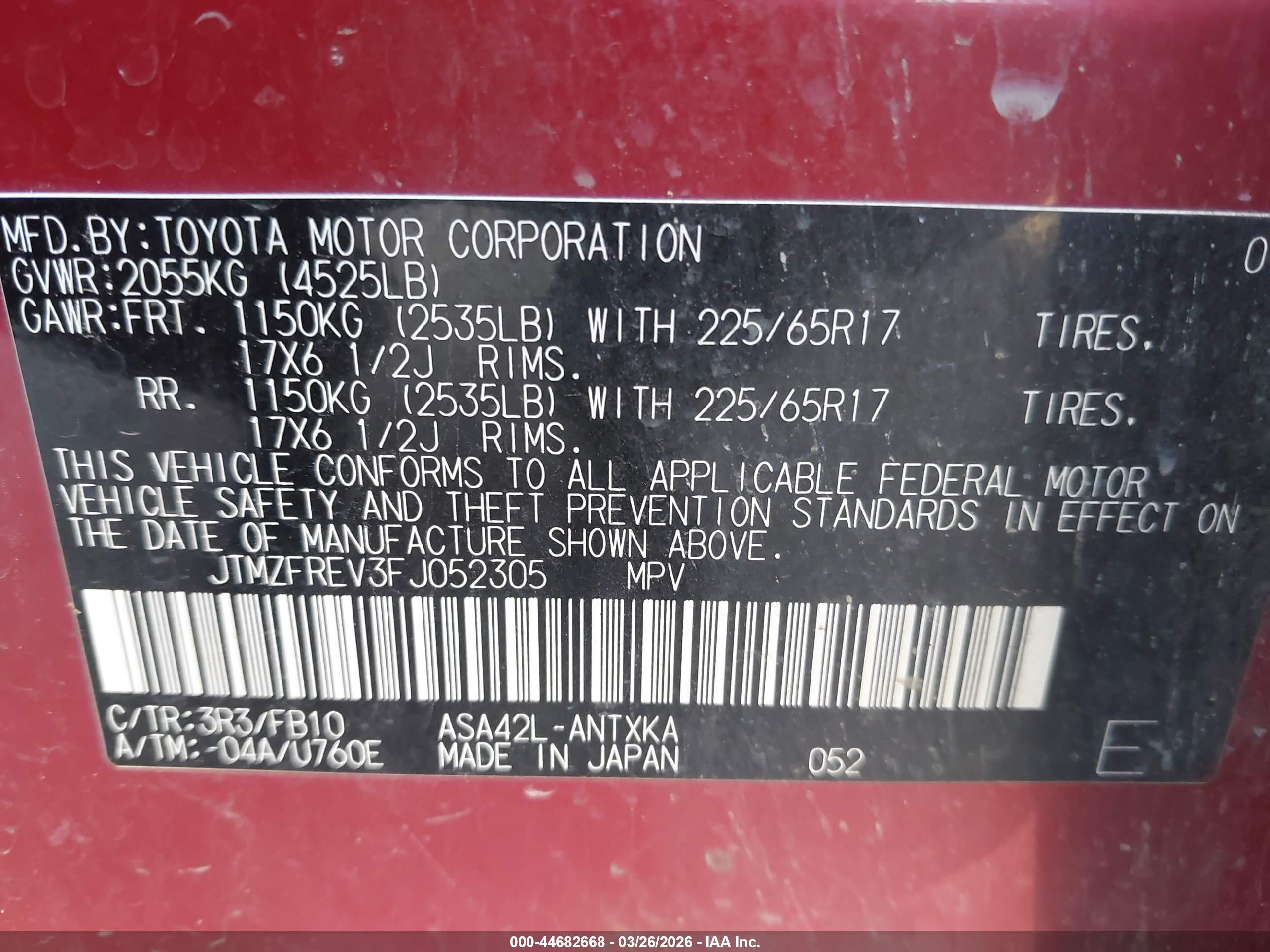 2015 Toyota Rav4 Le Maroon vin: JTMZFREV3FJ052305
