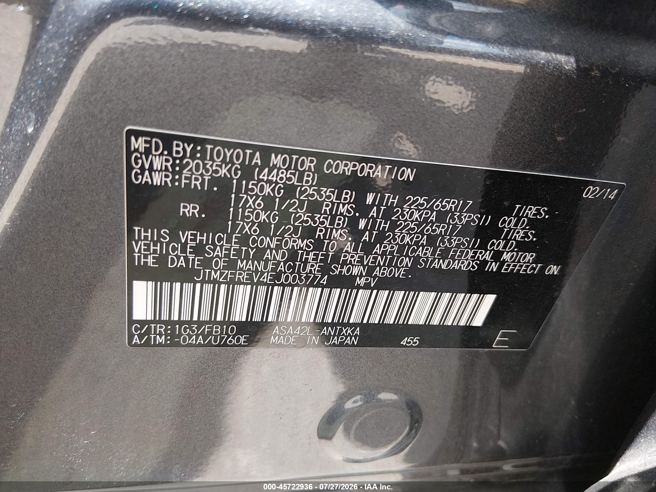 2014 Toyota Rav4 Le Gray vin: JTMZFREV4EJ003774