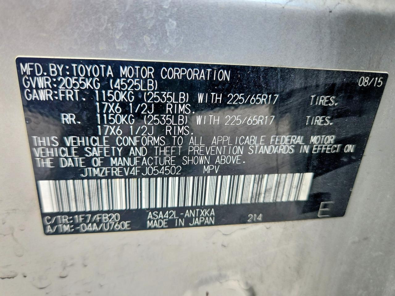 2015 Toyota Rav4 Le Silver vin: JTMZFREV4FJ054502