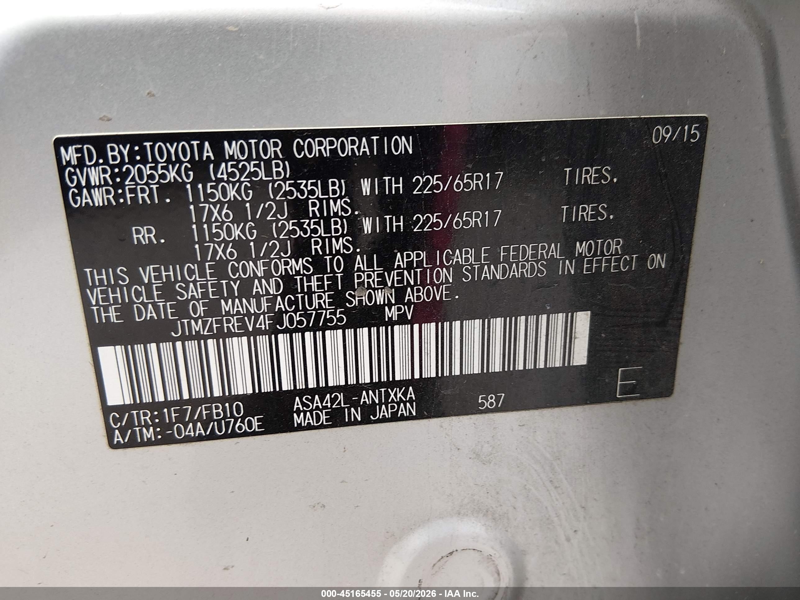 2015 Toyota Rav4 Le Silver vin: JTMZFREV4FJ057755