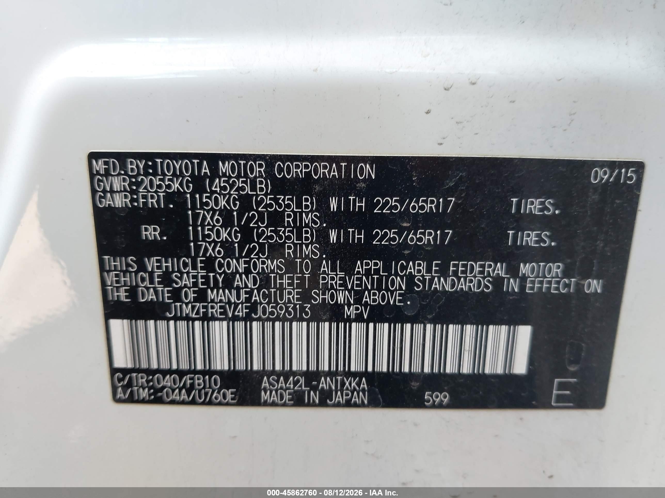 2015 Toyota Rav4 Le White vin: JTMZFREV4FJ059313
