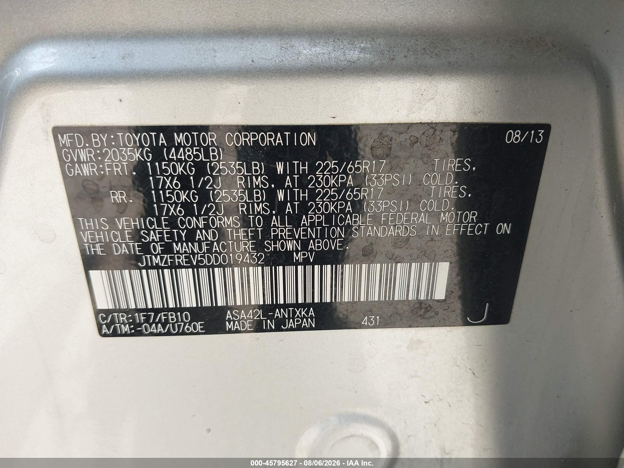 2013 Toyota Rav4 Le Silver vin: JTMZFREV5DD019432